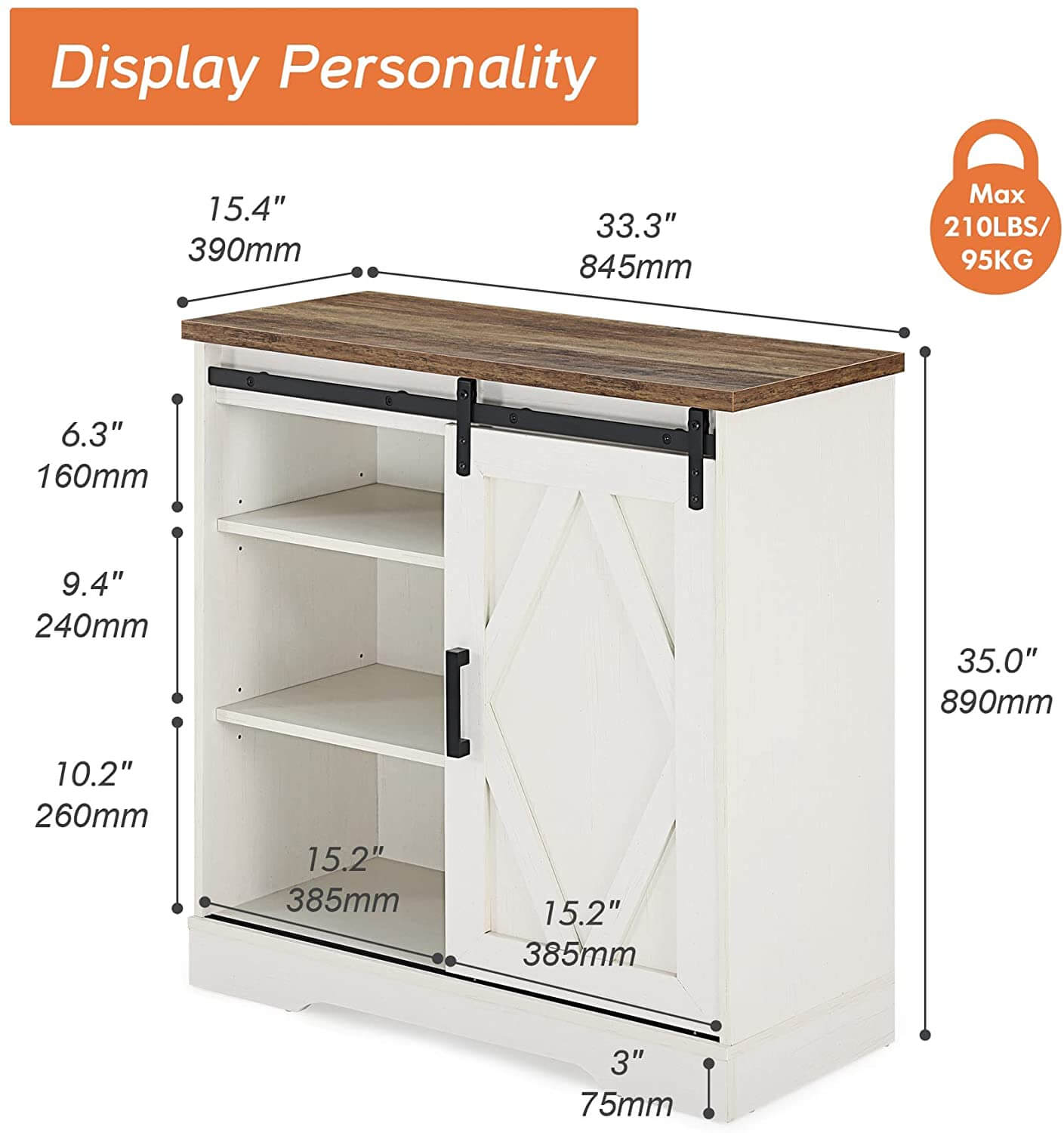 WAMPAT 35" Rustic Farmhouse Accent Buffet Sideboard Coffee Bar Cabinet with Sliding Barn Door & Yellow LED, White