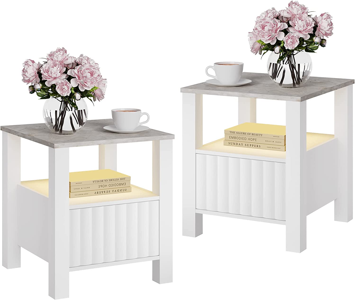 WAMPAT 17.6" White End Tables Wood Modern Night Stand Bedside Tables with LED Light & Storage Cabinet, Small Side Table for Living Room