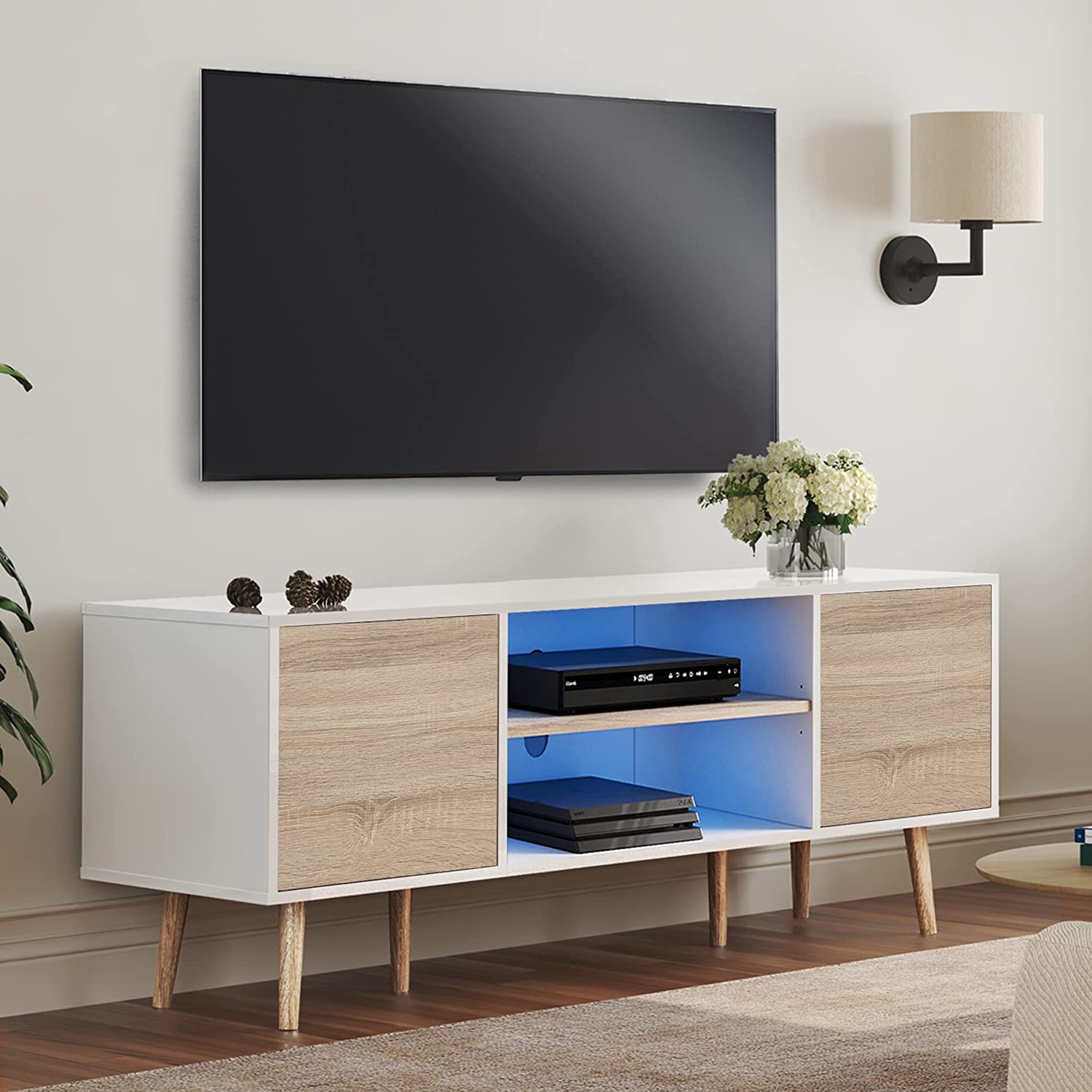 WAMPAT Mid Century Modern Wood TV Stand for 32-75 Inch TV, Home Entertainment Center TV Cabinet Unit, White & Oak