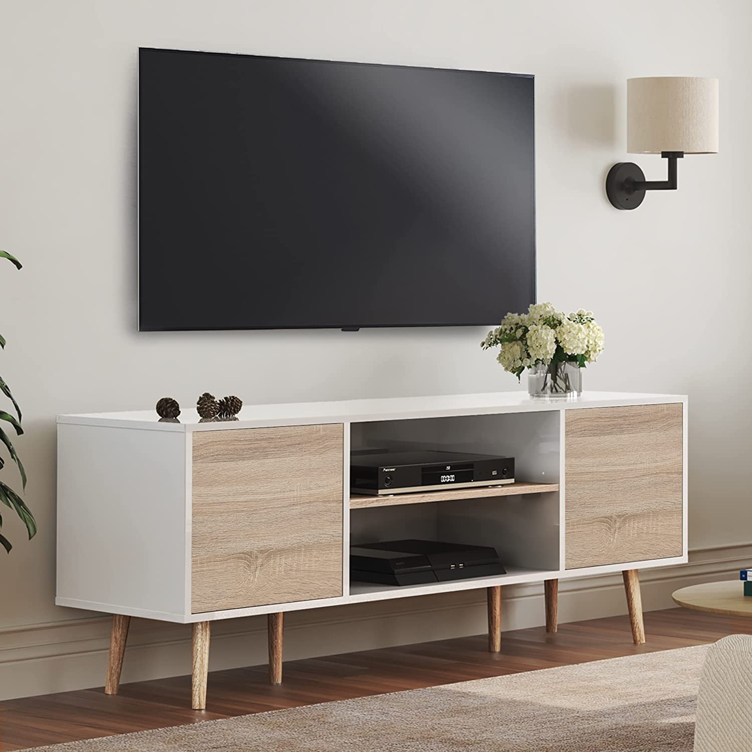 WAMPAT Mid Century Modern Wood TV Stand for 32-75 Inch TV, Home Entertainment Center TV Cabinet Unit, White & Oak