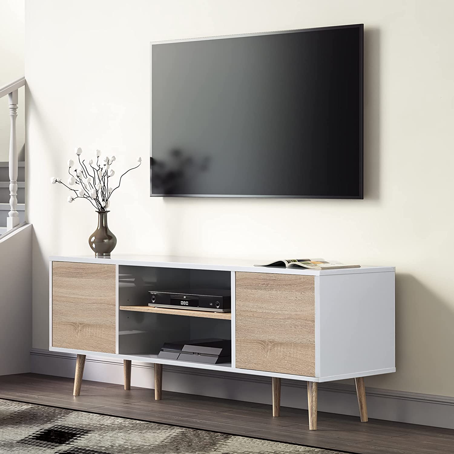 WAMPAT 53" Mid Century Modern Wood TV Stand for 32-60 Inch TV, Home Entertainment Center TV Cabinet Unit with Yellow LED, White & Oak