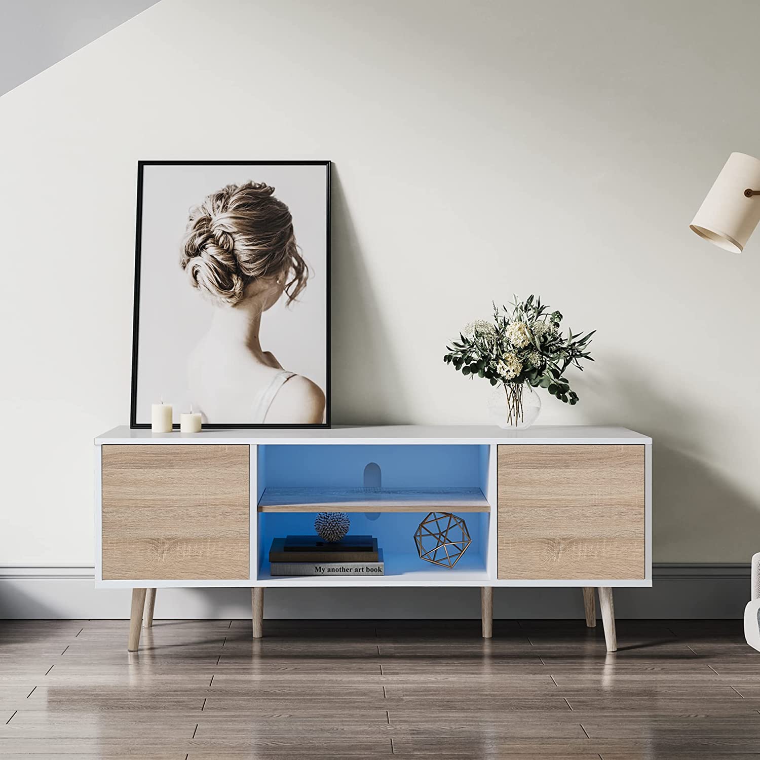 WAMPAT 53" Mid Century Modern Wood TV Stand for 32-60 Inch TV, Home Entertainment Center TV Cabinet Unit with Blue LED, White & Oak