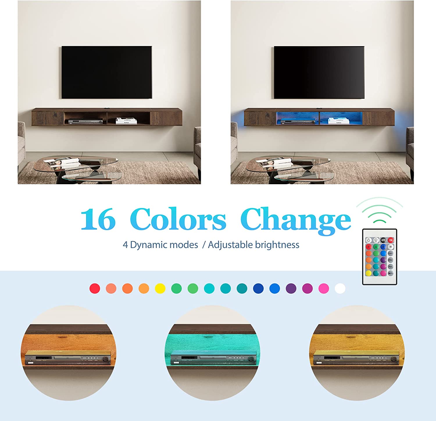 WAMPAT Floating 70" TV Stand with LED Lights for 65/70/75 inch TVs, Wall Mounted Shelf Under TV Cabinet