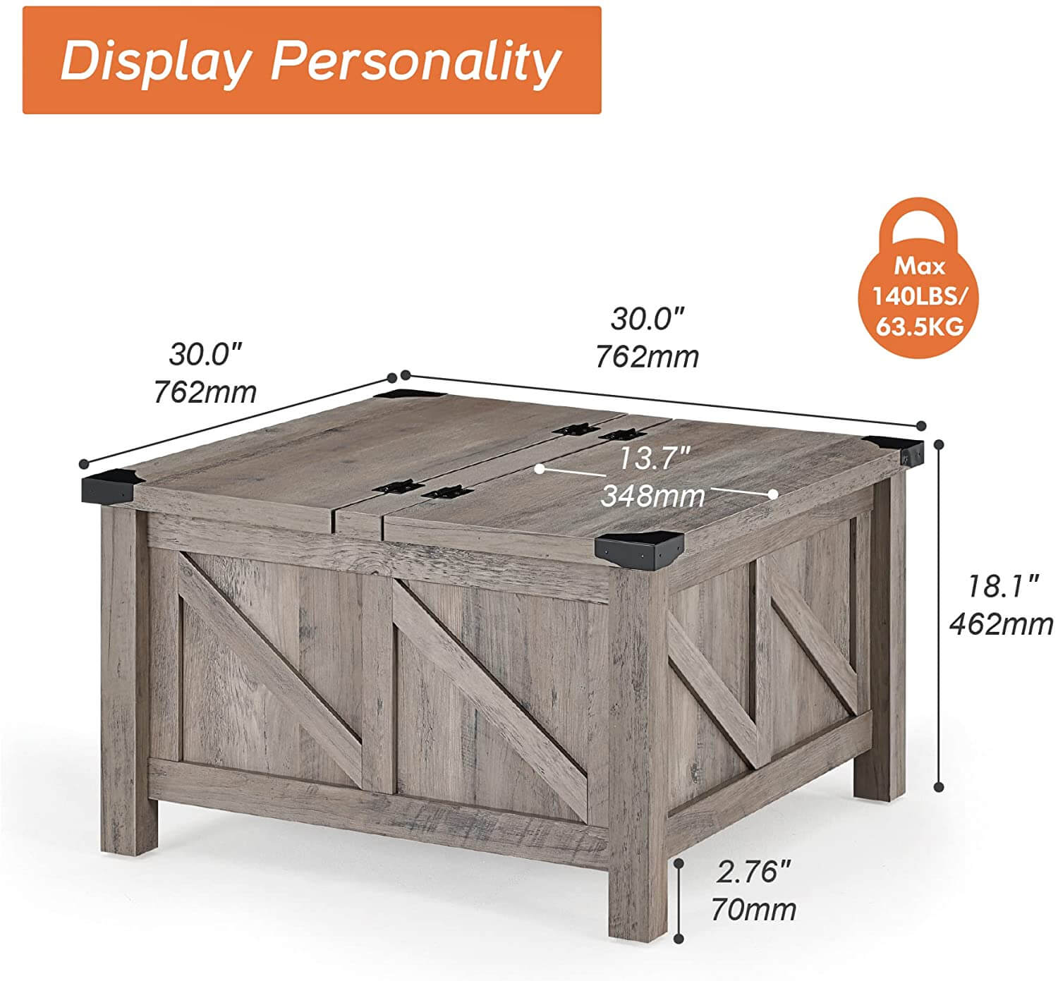 WAMPAT 30" Modern Farmhouse Coffee Table with Gas Struts Lift-Top, Grey