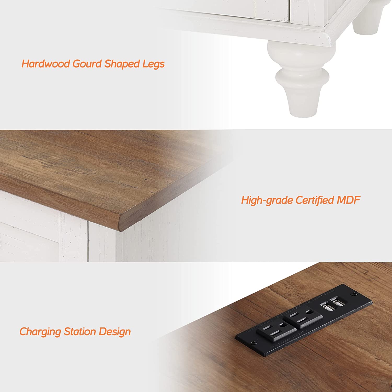 WAMPAT 19.6" White End Table with Charging Station, Farmhouse Nightstand with Storage, 2 Power outlets & 2 USB Ports for Living Room