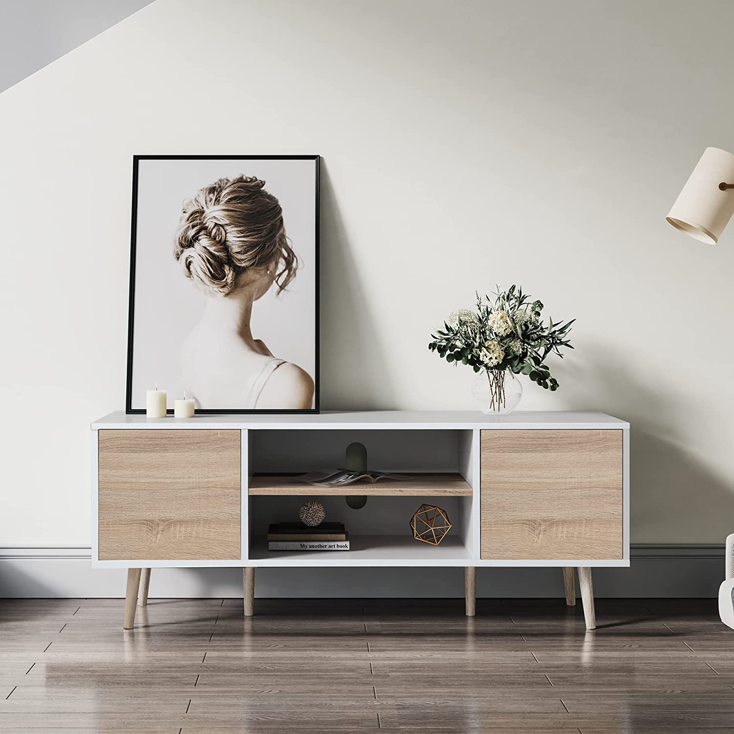 WAMPAT 53" Mid Century Modern Wood TV Stand for 60 Inch TV, Home Entertainment Center TV Cabinet Unit, White & Oak