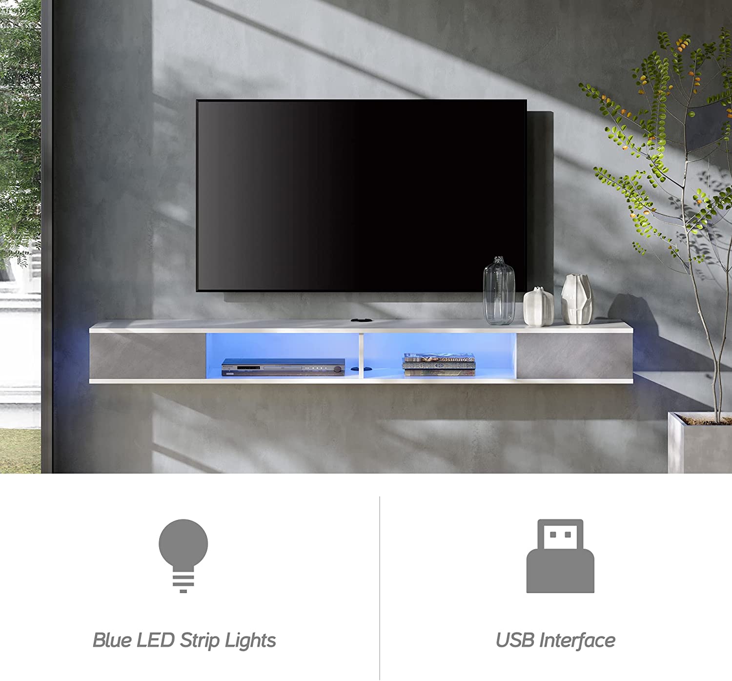 WAMPAT Floating 70" TV Stand with LED Lights for 65/70/75 inch TVs, Wall Mounted Shelf Under TV Cabinet