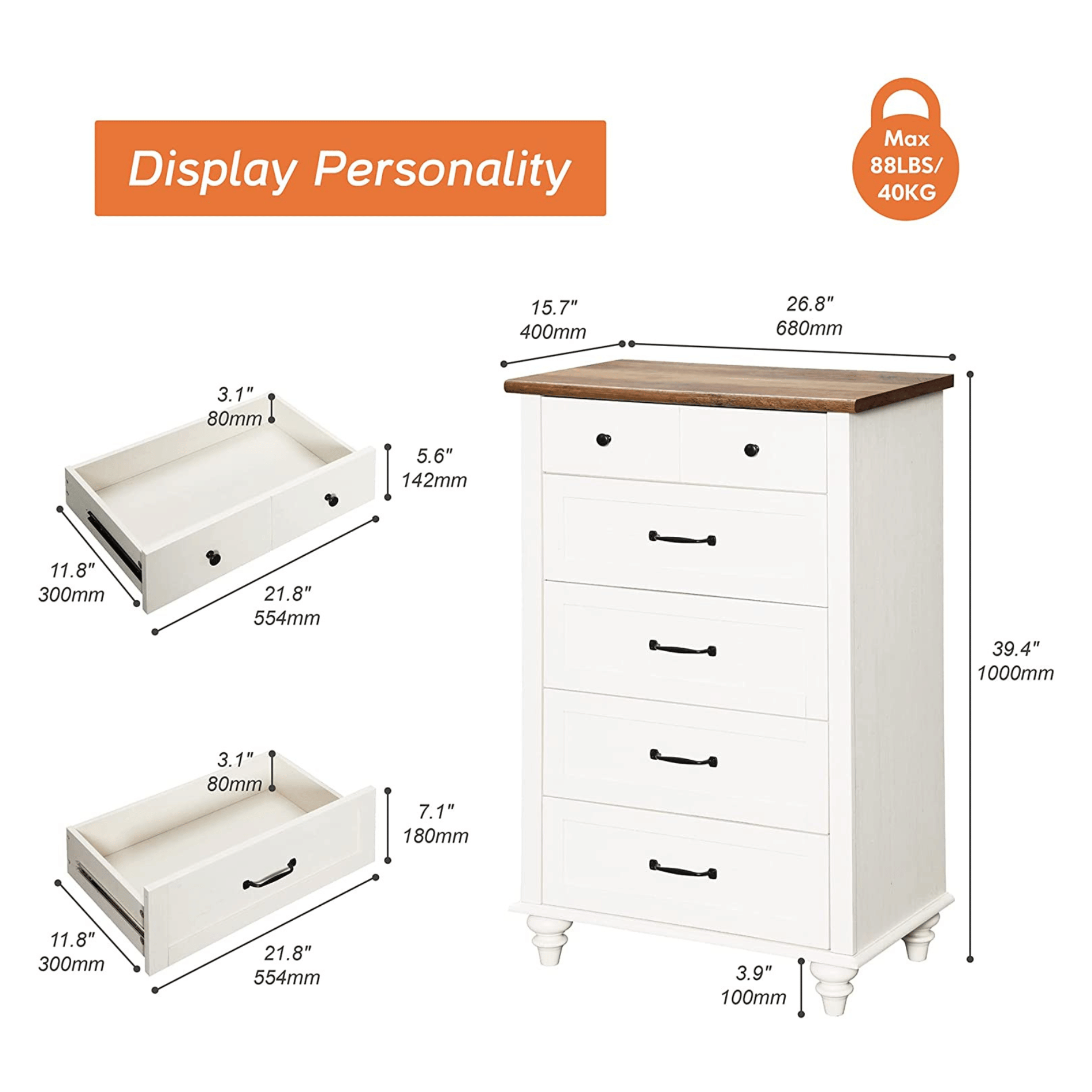 WAMPAT 27" Small Dresser for Bedroom with 5 Drawers, Tall Kids Dressers for Small Space, White