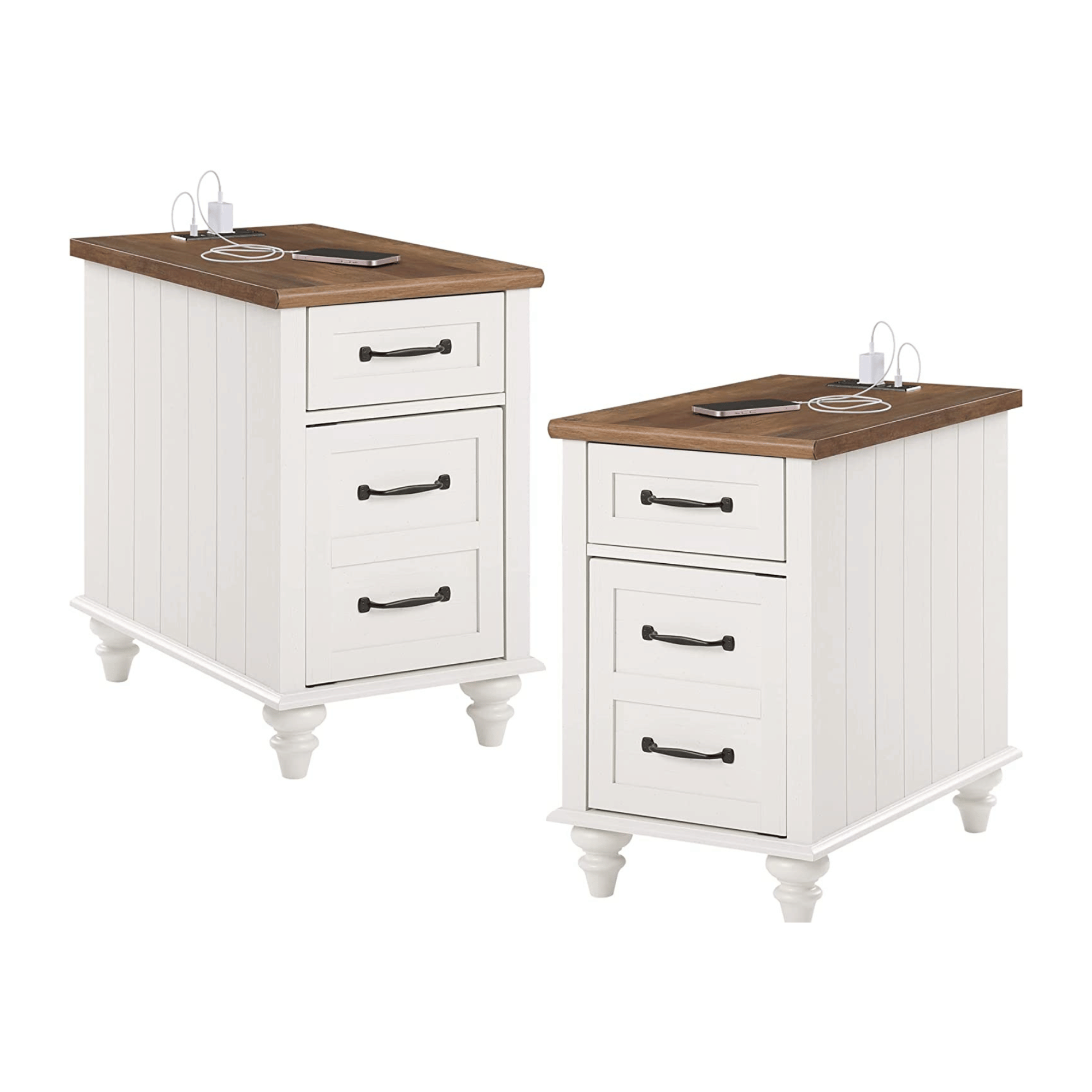 WAMPAT 24" White End Table with Charging Station, Farmhouse Side Table with Storage, 2 Power outlets & 2 USB Ports for Living Room