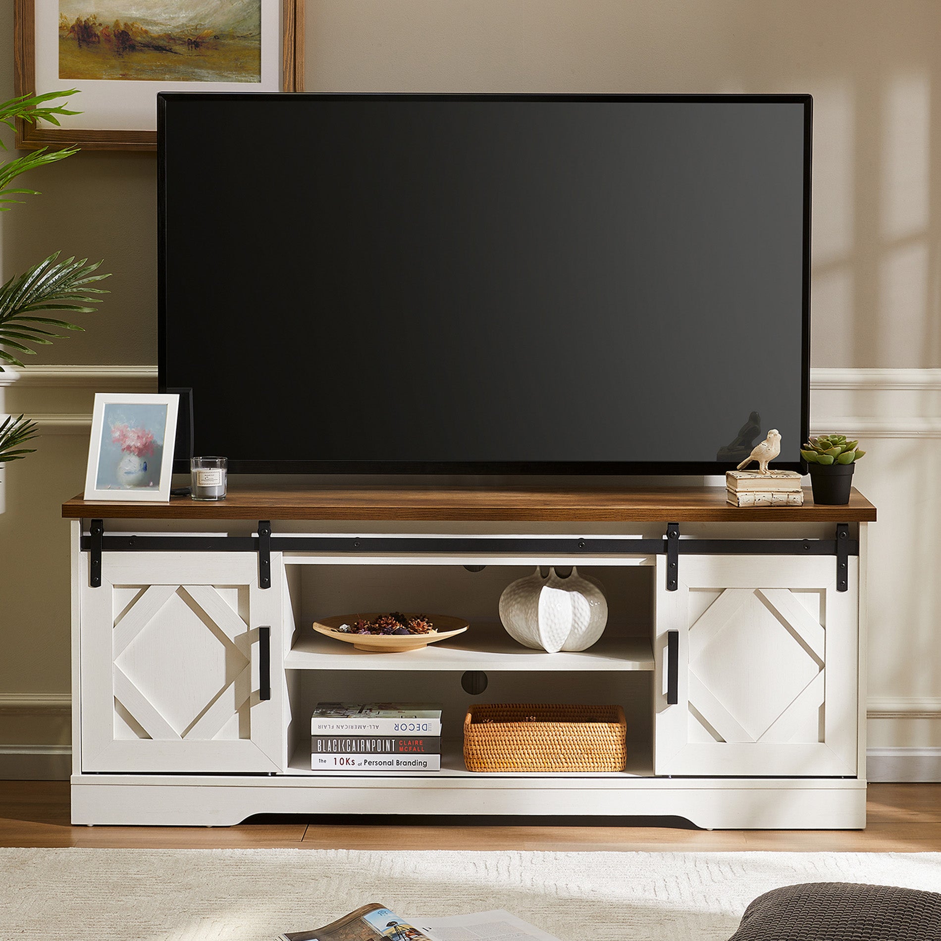 WAMPAT 60" Farmhouse Solid Wood TV Stand for 32-65 Inch TV, Sliding Barn Door Entertainment Center, White