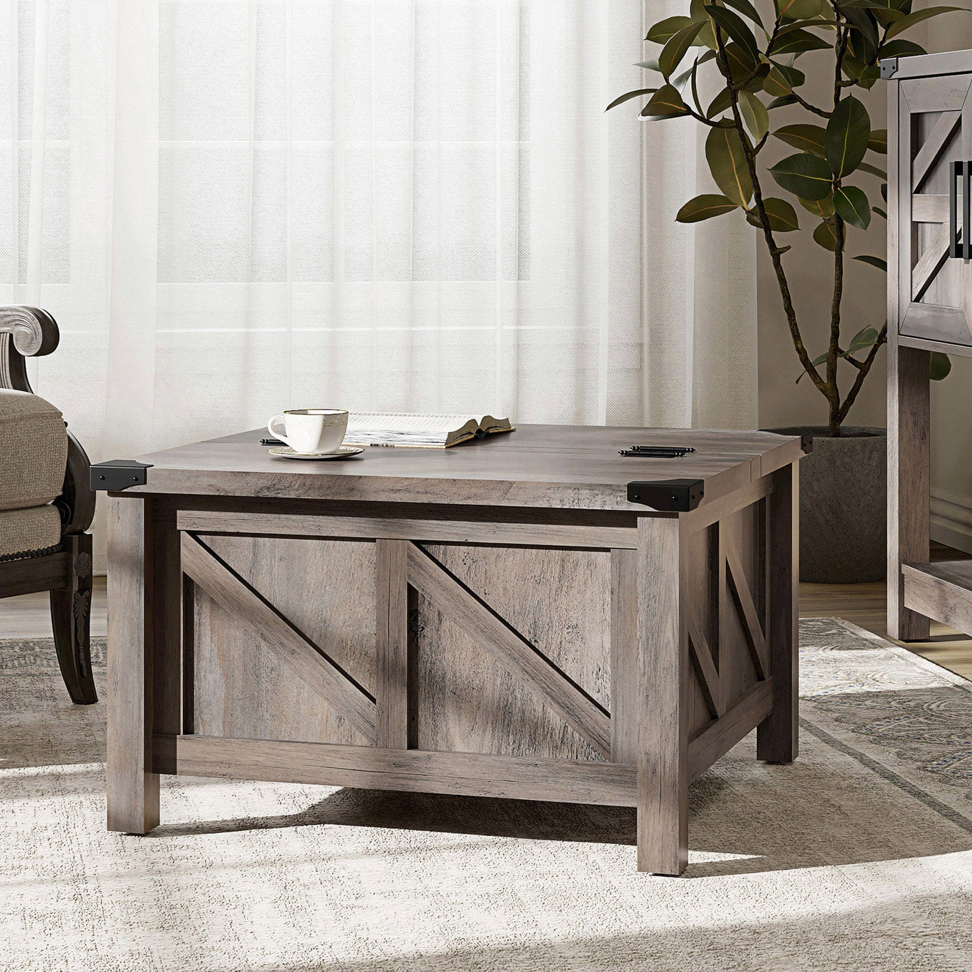 WAMPAT 30"x 30" Square Coffee Table, Rustic Grey Farmhouse Center Table with Lift Top & Storage for Living Room