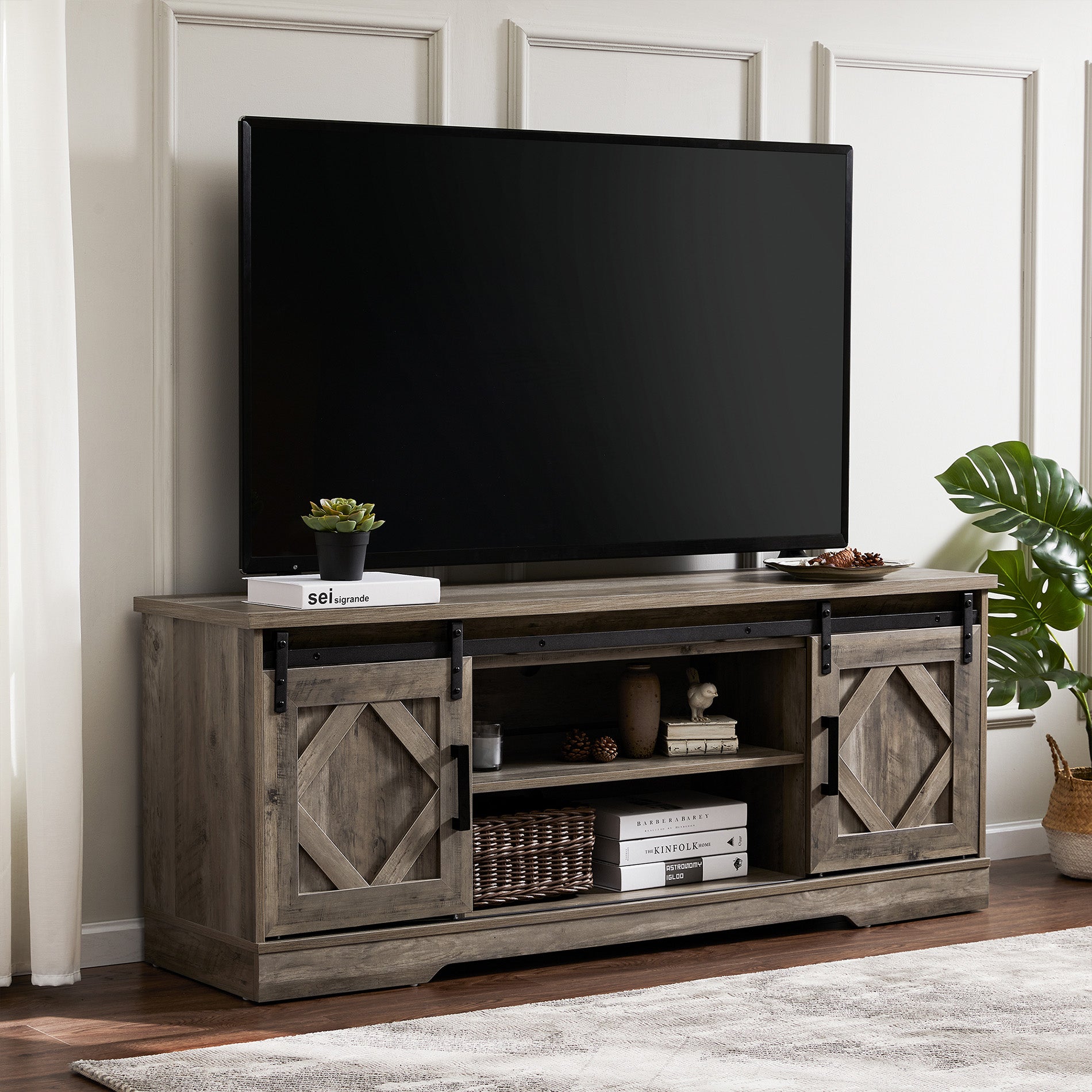 WAMPAT 60" Solid Wood TV Stand for 32-65 Inch TV, Farmhouse Sliding Barn Door Entertainment Center, Grey