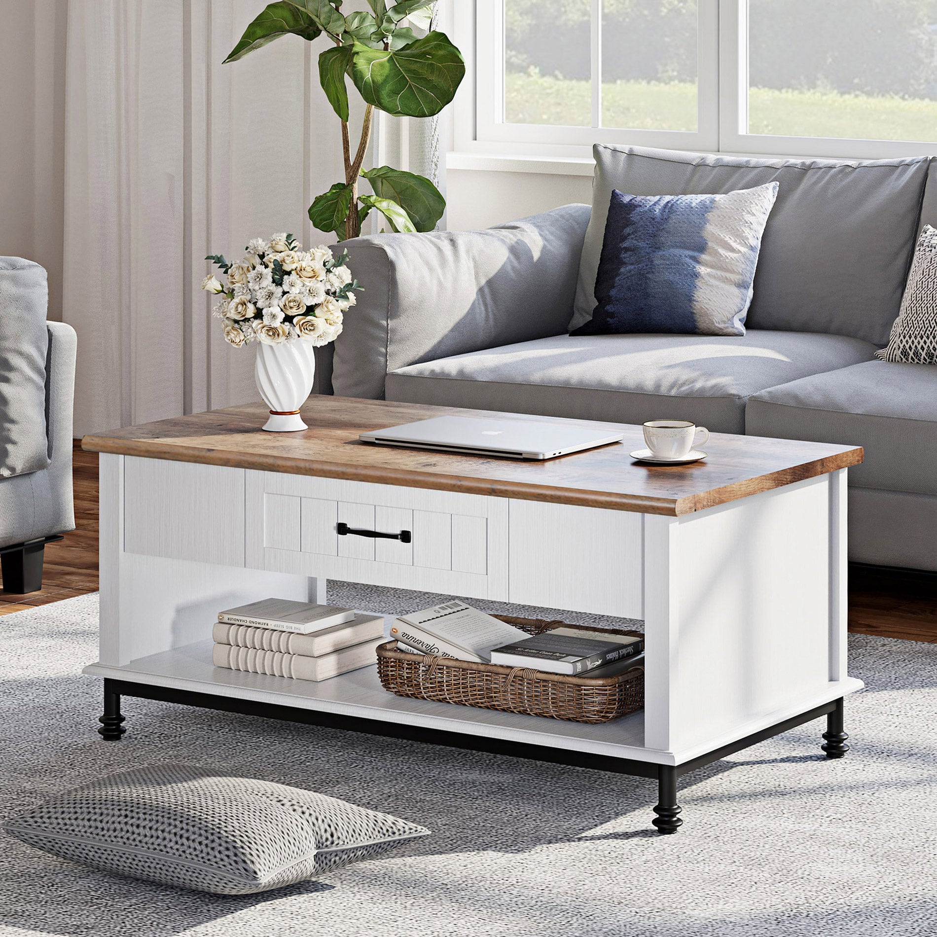 WAMPAT 42" Farmhouse Coffee Table with 1 Drawer & Open Storage Shelf for Living Room, White