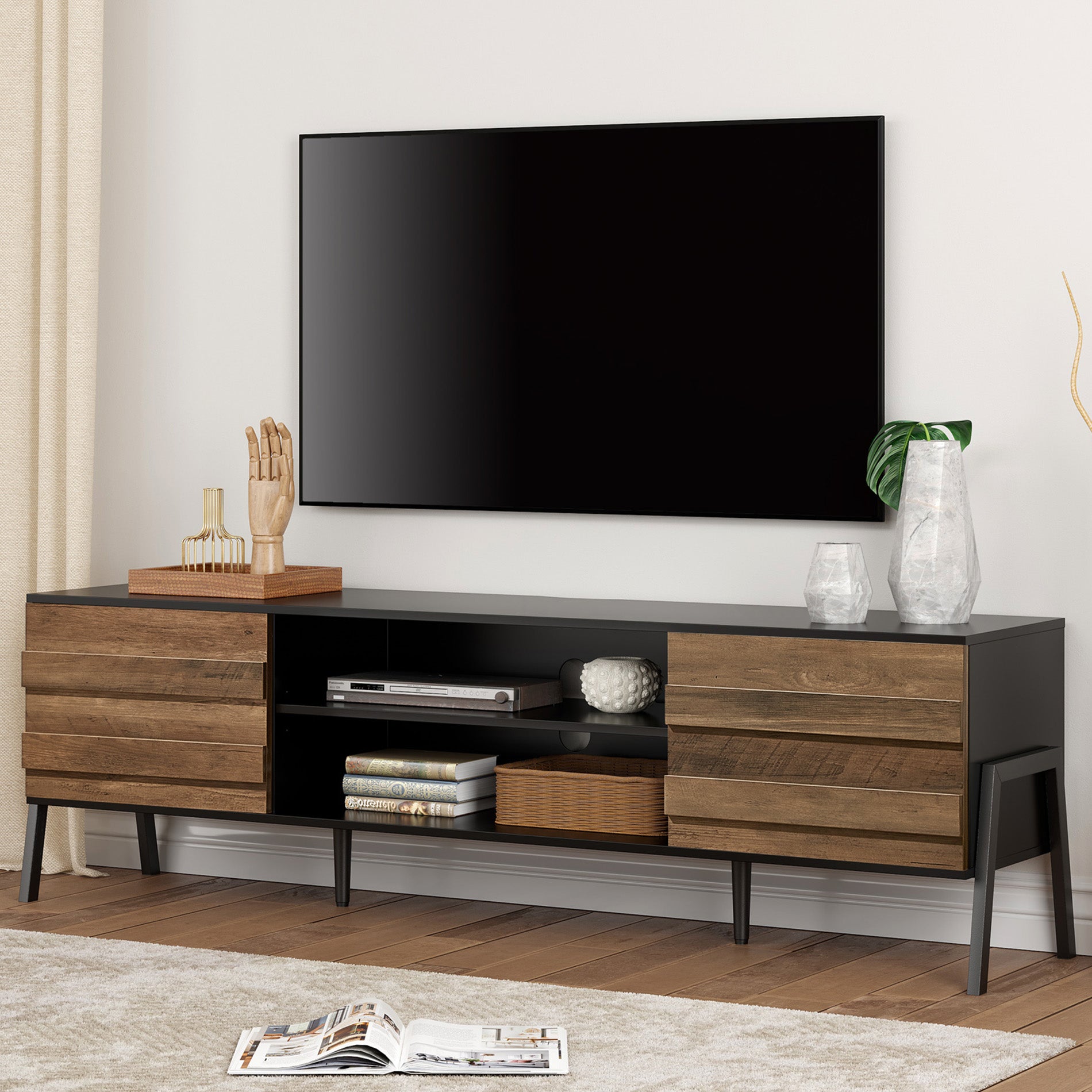 WAMPAT 70" Mid-Century Modern TV Stand for 32-65 Inch TV, Home Entertainment Center TV Cabinet Unit, Black & Oak