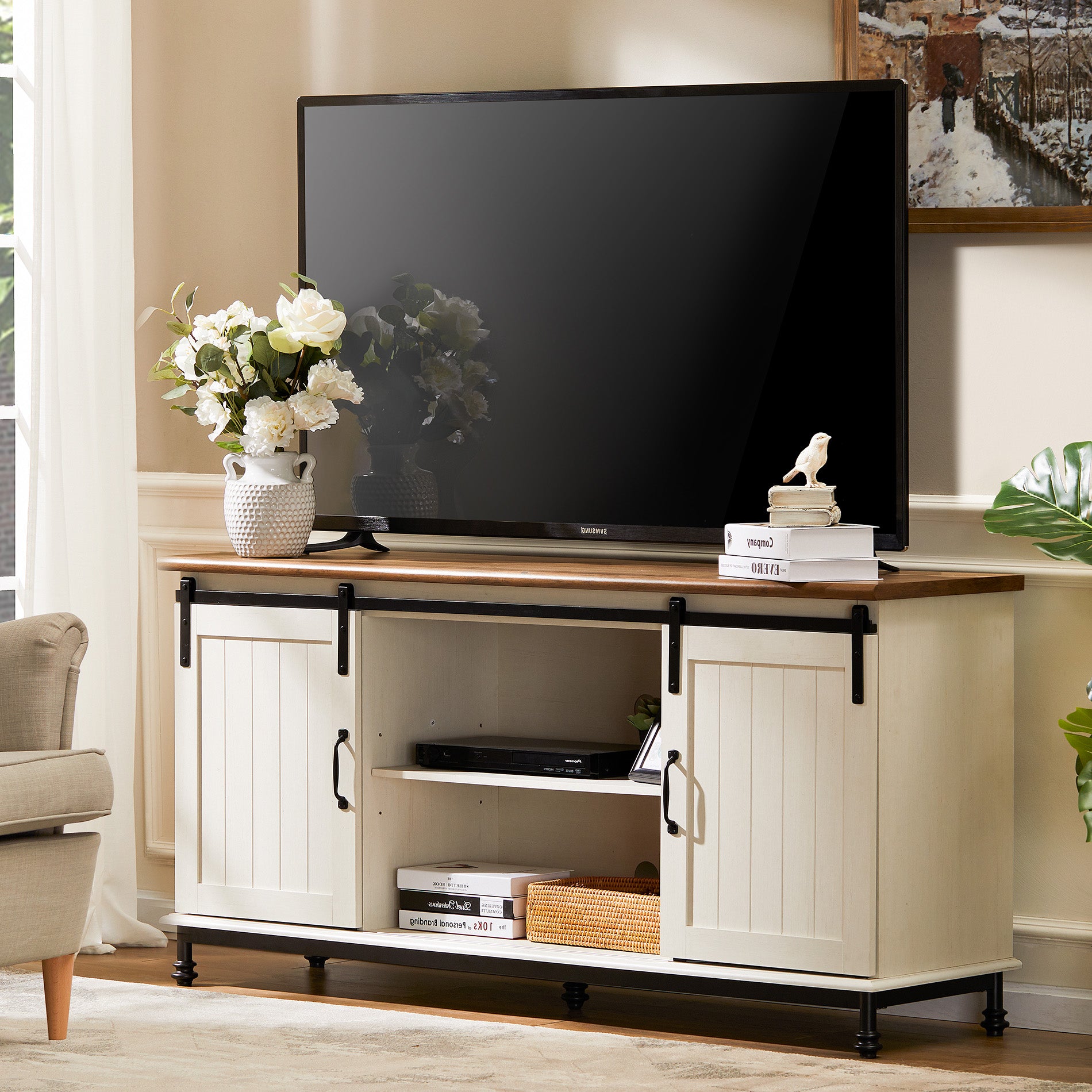 WAMPAT 58" Farmhouse TV Stand for 32-65 Inch TV, Sliding Barn Door Wood Media Entertainment Center, White