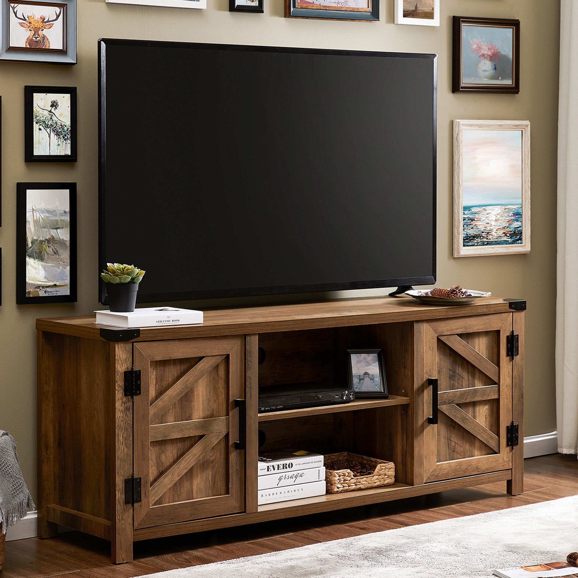 WAMPAT 59" Farmhouse Barn Door TV Stand for 32-65 Inch TV, Modern Wood Console Entertainment Center Storage Cabinet for Living Room, Oak Wash