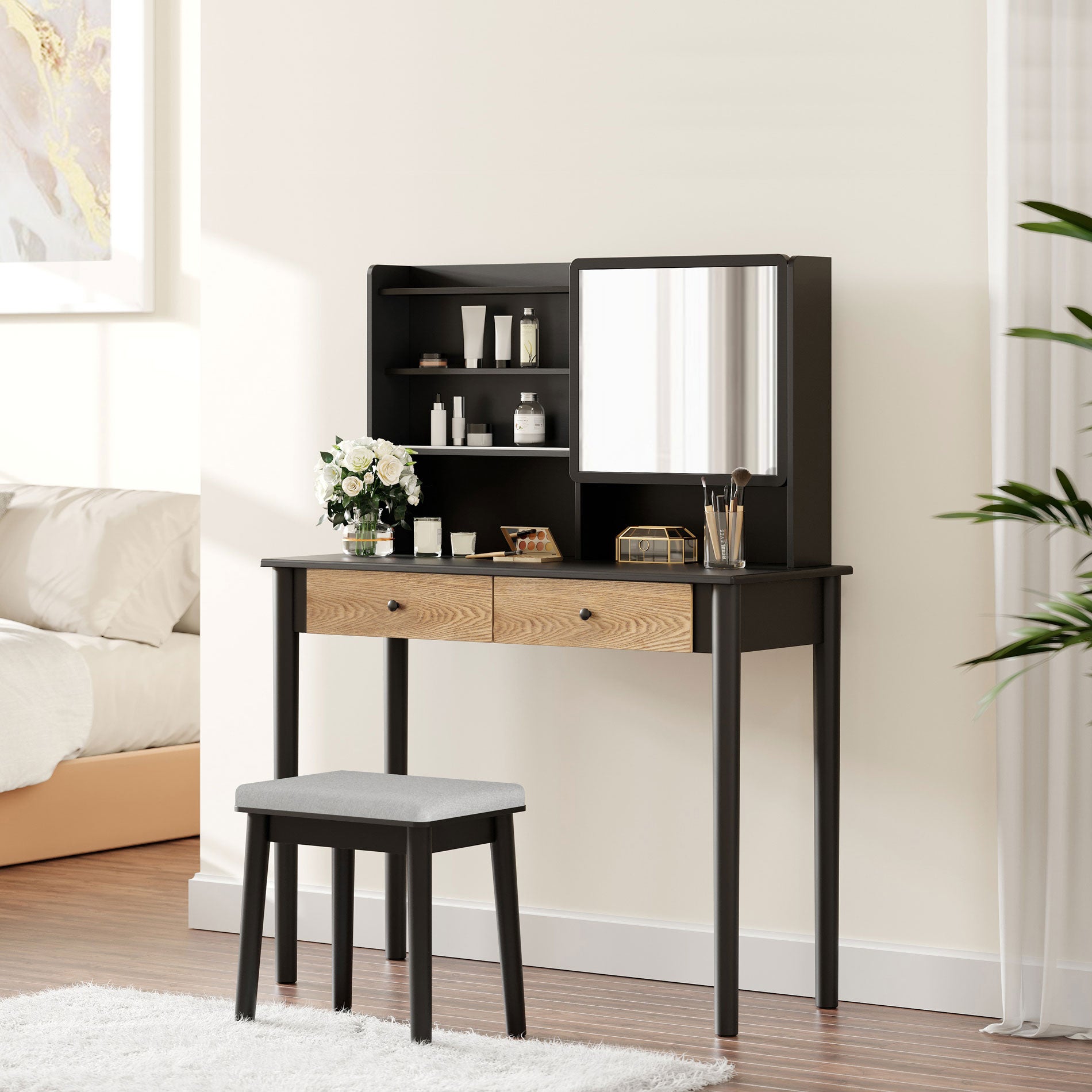 WAMPAT 40" Makeup Vanity Set with Sliding Mirror & Padded Stool for Women Teenage Girls, Black