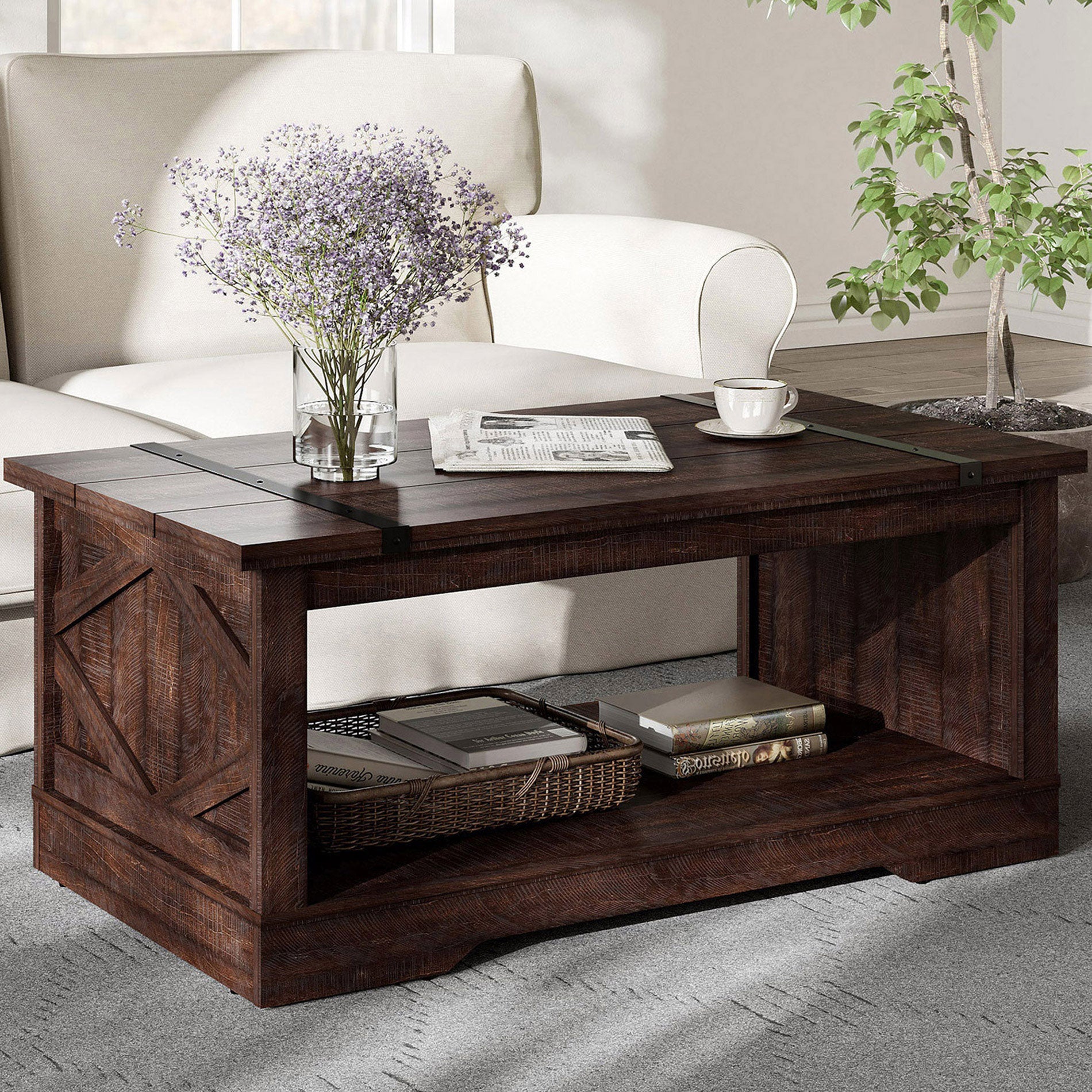 WAMPAT 42" Modern Farmhouse Coffee Table with Open Storage for Living Room, Rustic Brown
