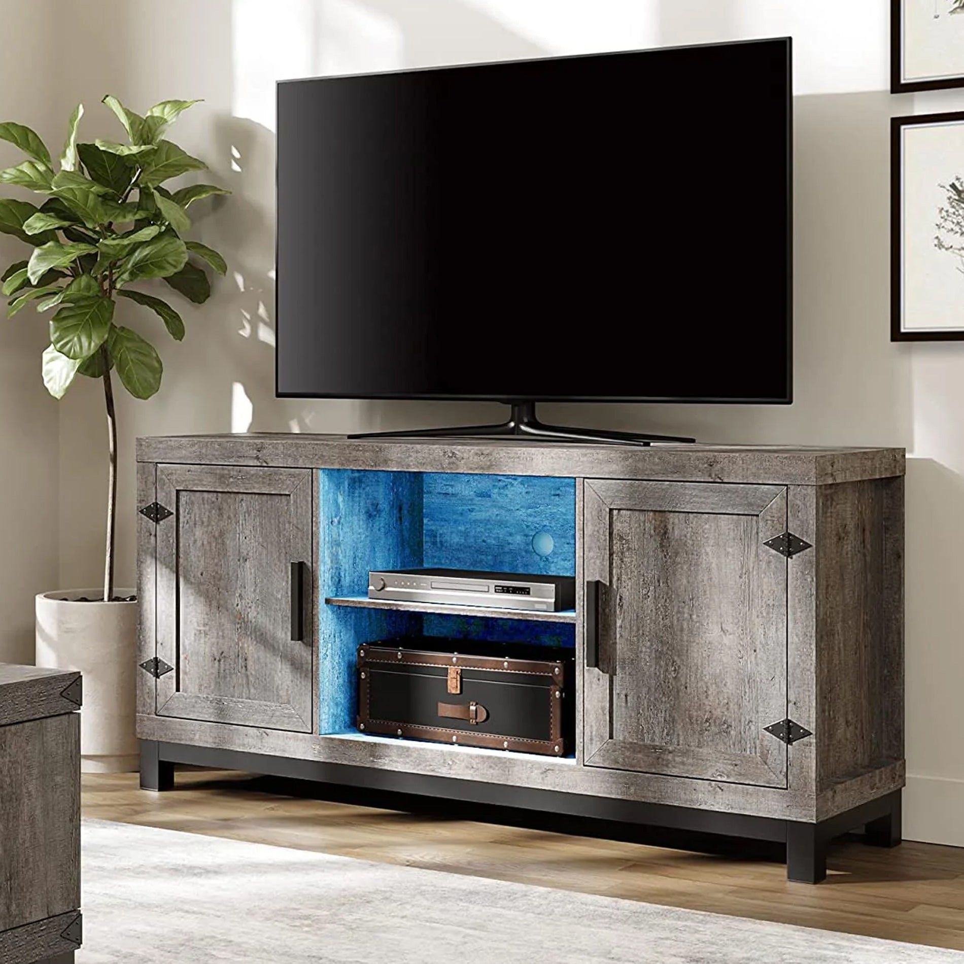 WAMPAT 58" Modern Farmhouse Barn Door TV Stand with LED Light for 32-65 Inch TV, Grey