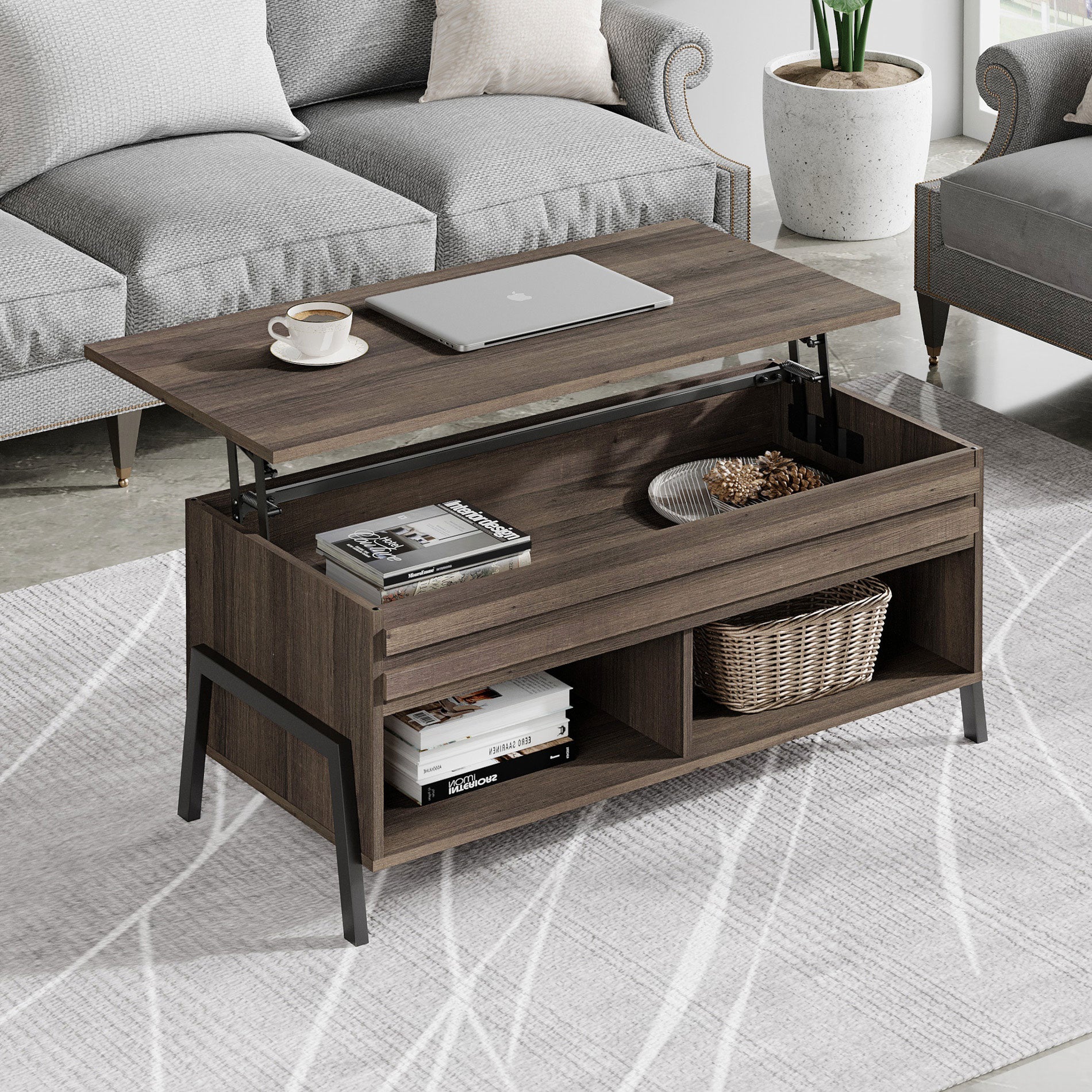 WAMPAT 42" Modern Lift Top Coffee Table with Lift Tabletop & Storage for Home Decor, Brown