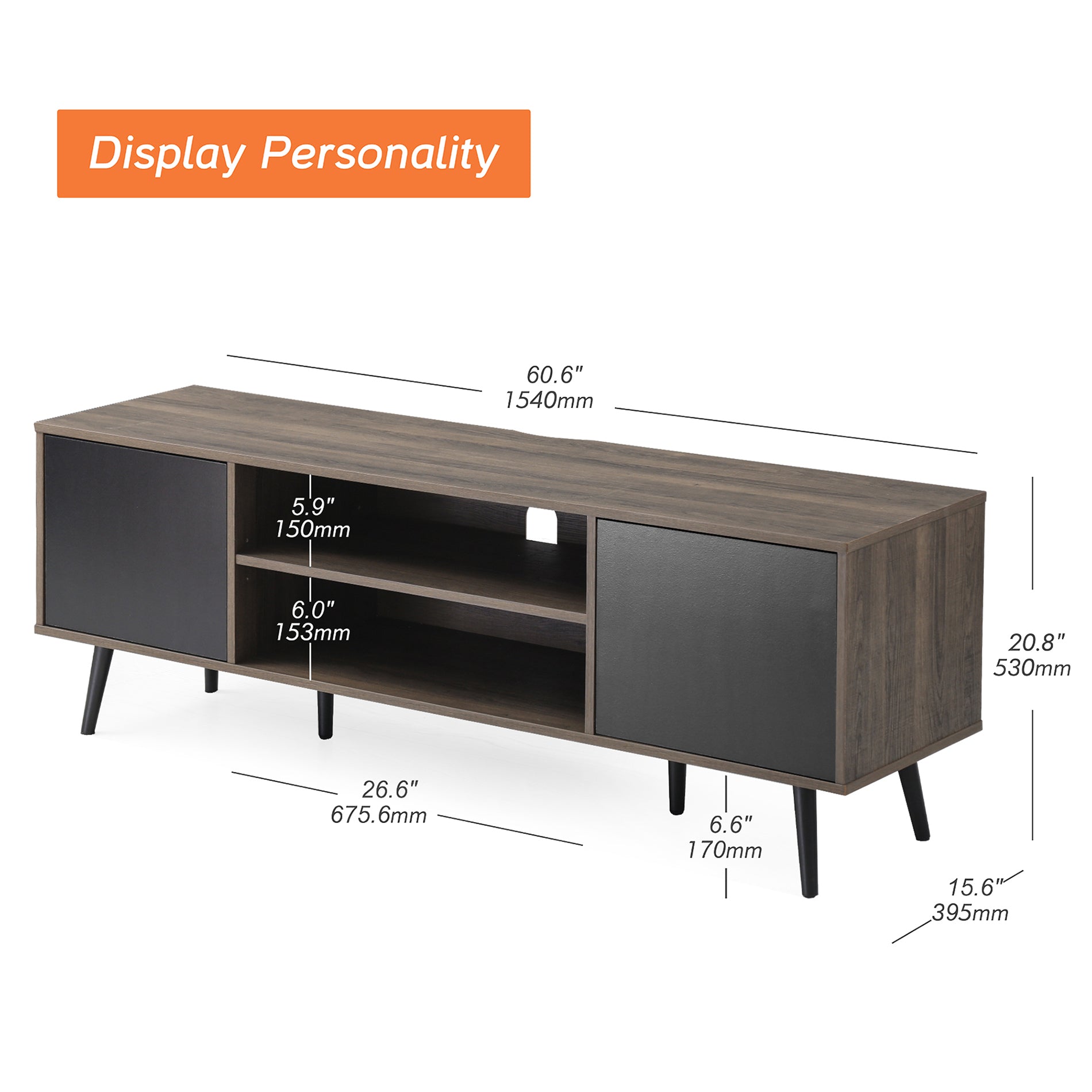 WAMPAT 60" Mid-Century Modern TV Stand for 32-65 Inch TV, Wood TV Console Media Cabinet with Yellow LED, Black