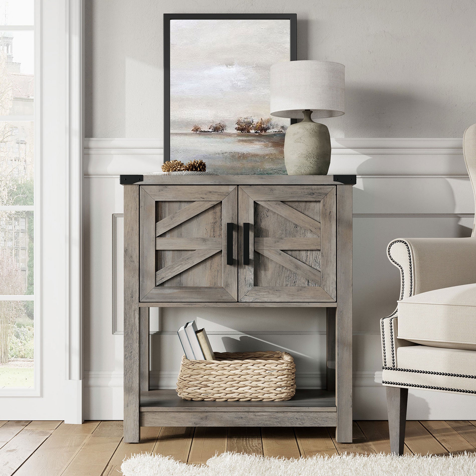 WAMPAT 16" Modern Farmhouse Buffet Cabinet, Wood Sideboard with Cabinet & Open Storage, Yellow LED Light, Wash Grey