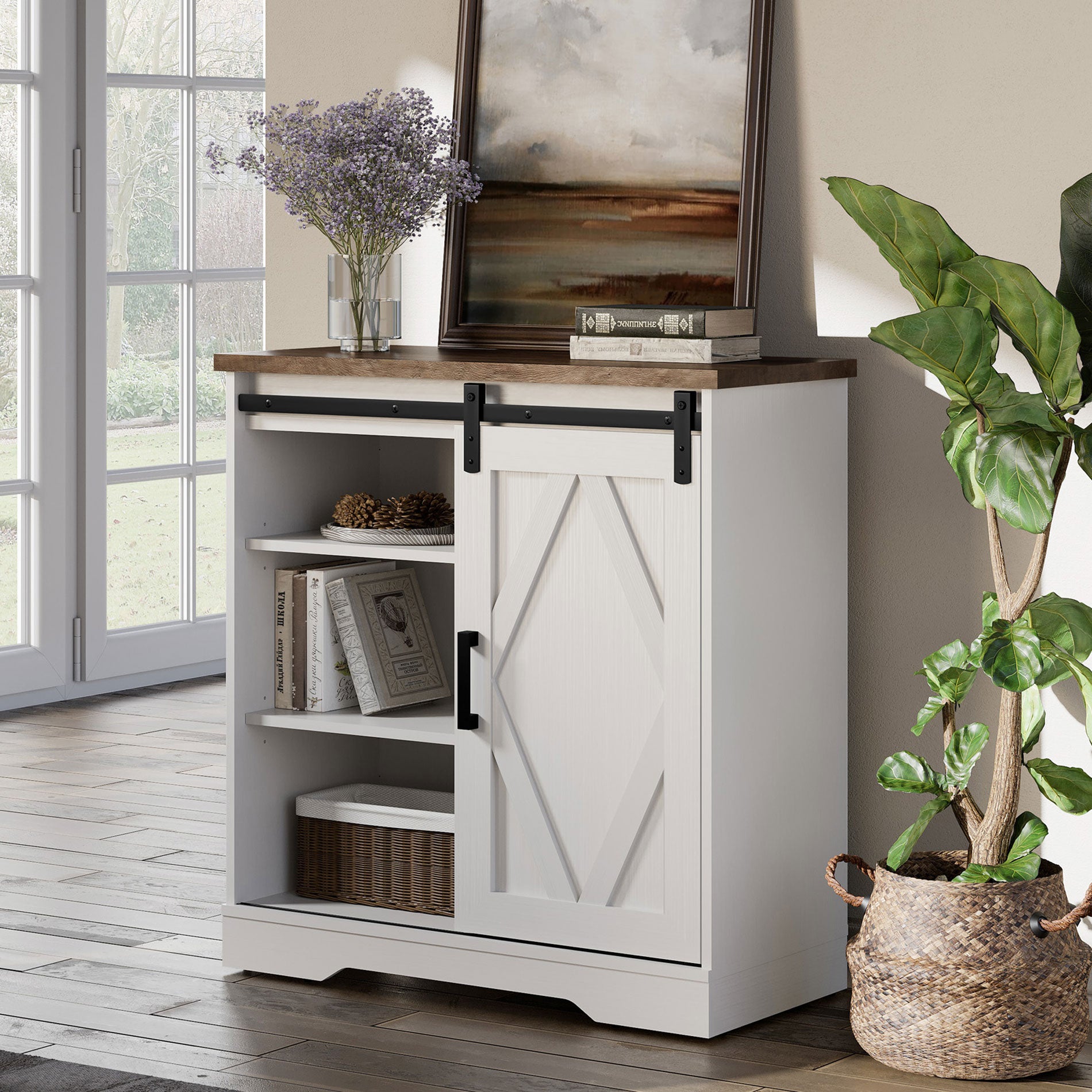 WAMPAT 35" Rustic Farmhouse Accent Buffet Sideboard Coffee Bar Cabinet with Sliding Barn Door, Storage Shelves for Home Kitchen Bathroom, White