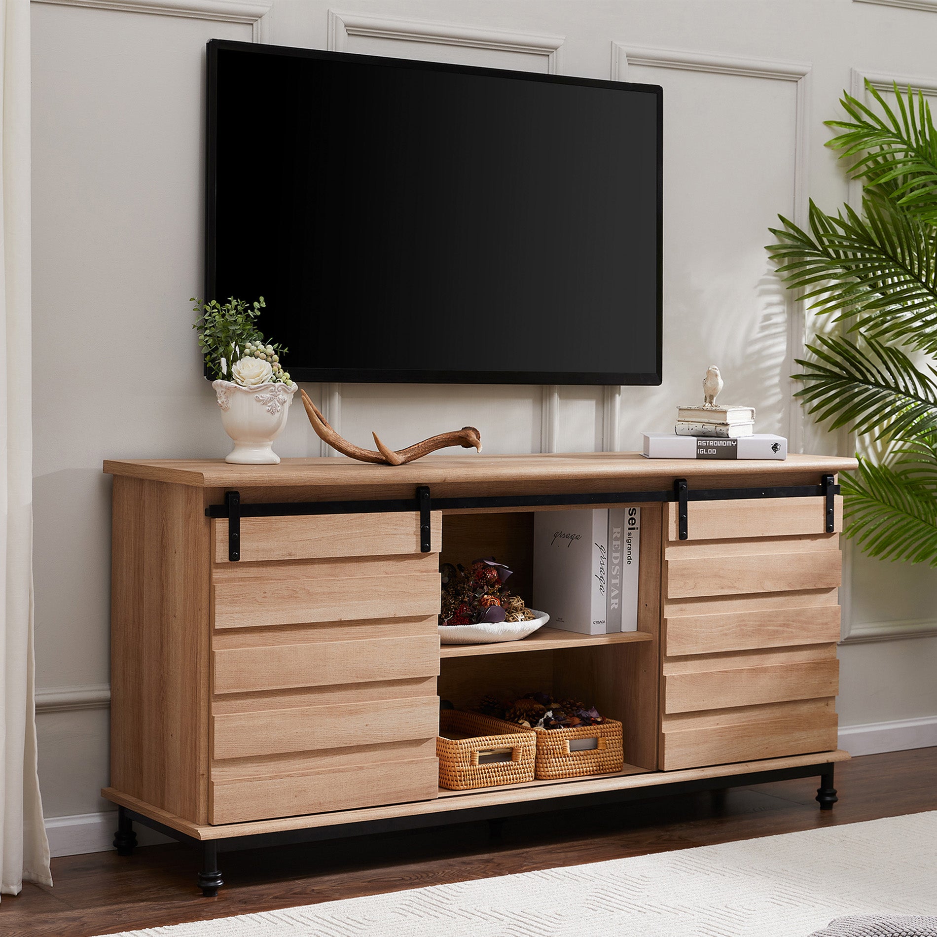 WAMPAT 58" Farmhouse TV Stand for 32-70 Inch TV, Sliding Barn Door Wood Media Entertainment Center, Light Brown