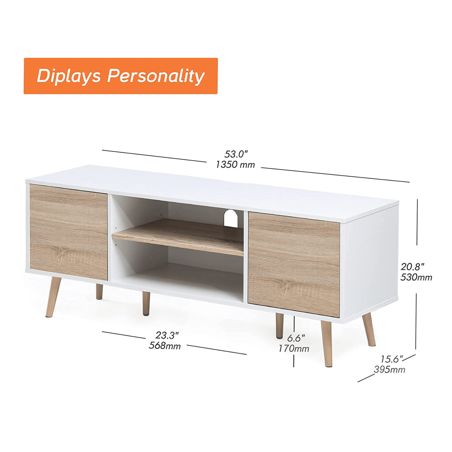 WAMPAT 53" Mid Century Modern Wood TV Stand for 32-60 Inch TV, Home Entertainment Center TV Cabinet Unit with Yellow LED, White & Oak