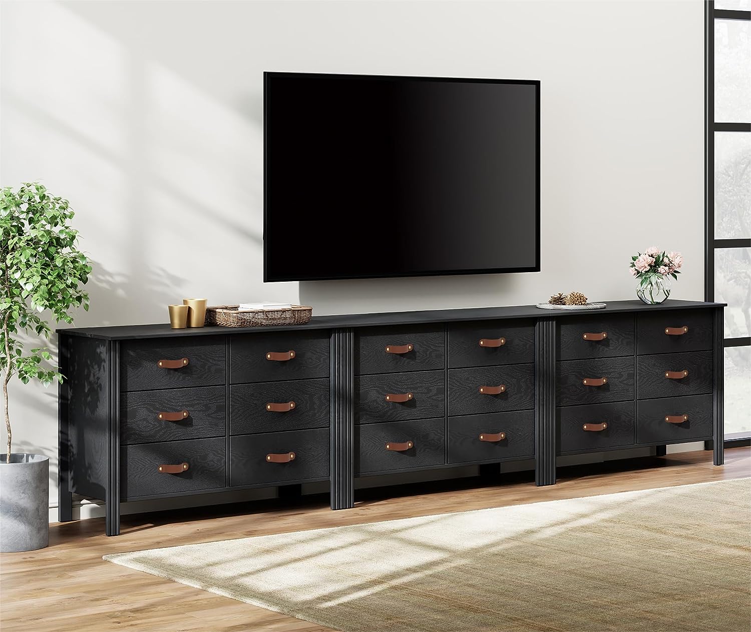 WAMPAT Dresser TV Stand, Wood Entertainment Center with 6 Fabric Drawers, Chest of Drawers for Living Room, Bedroom, Hallway