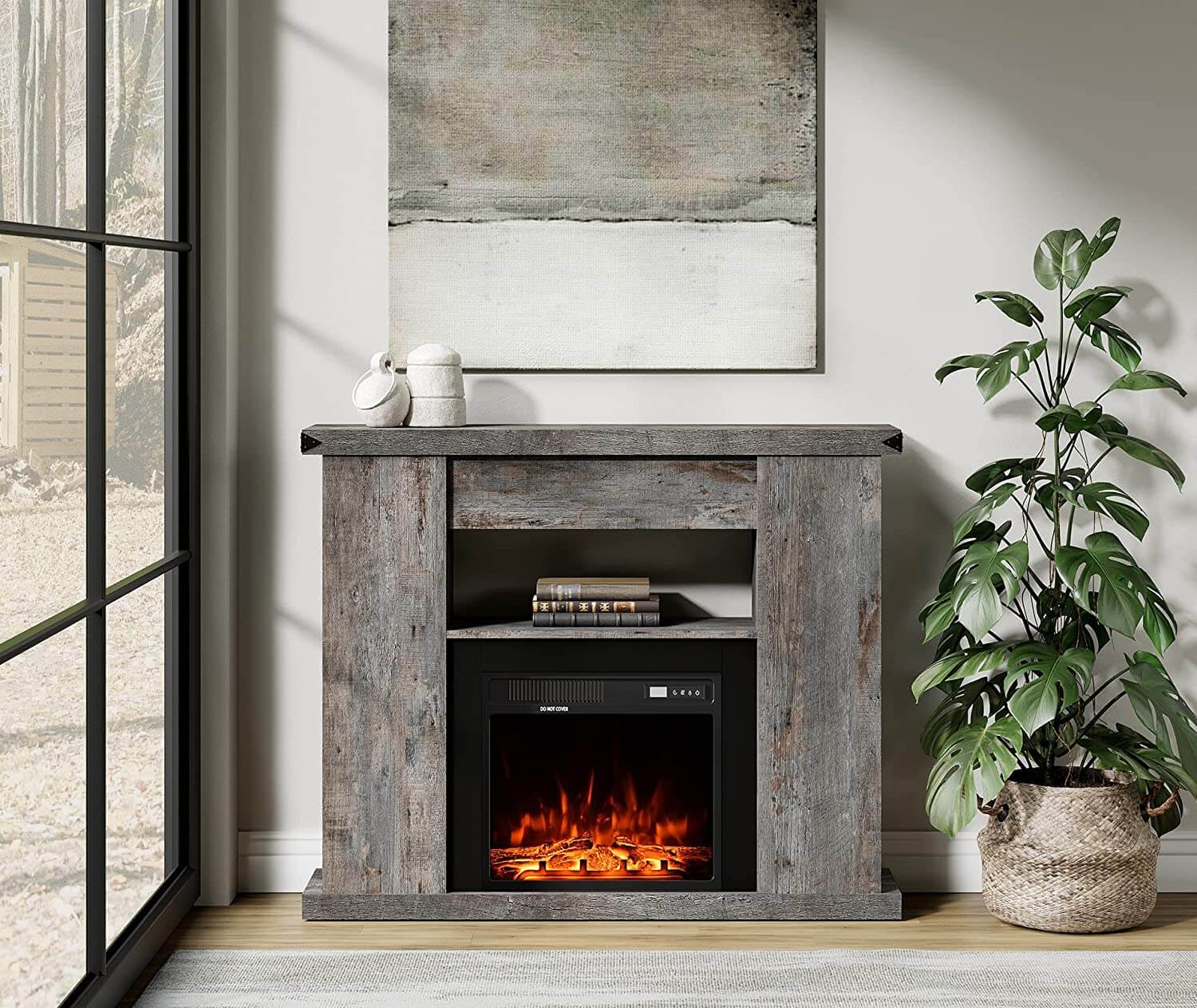 WAMPAT 47" Electric Fireplace with Mantel, Fire Place TV Stand Heater Entertainment Center, Grey