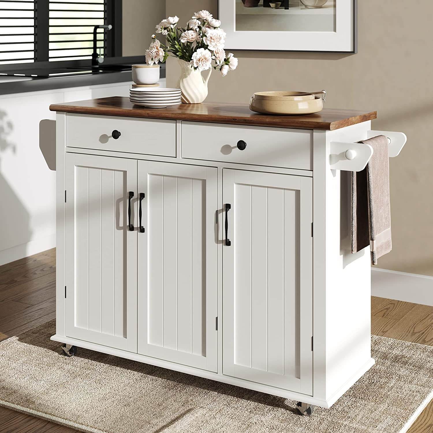 WAMPAT 49" Kitchen Island with Drawer & Storage Cabinet, White