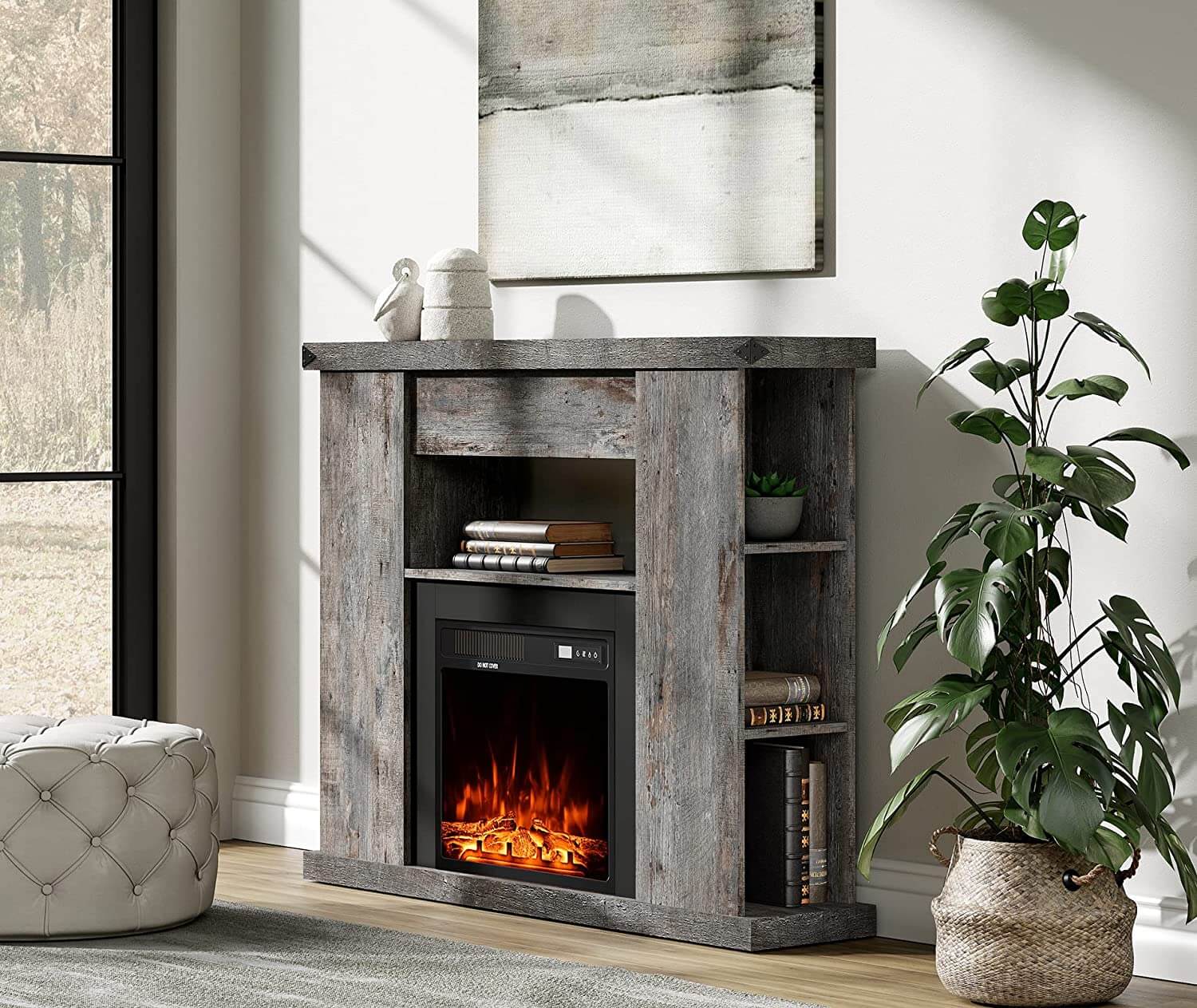 WAMPAT 47" Electric Fireplace with Mantel, Fire Place TV Stand Heater Entertainment Center, Grey