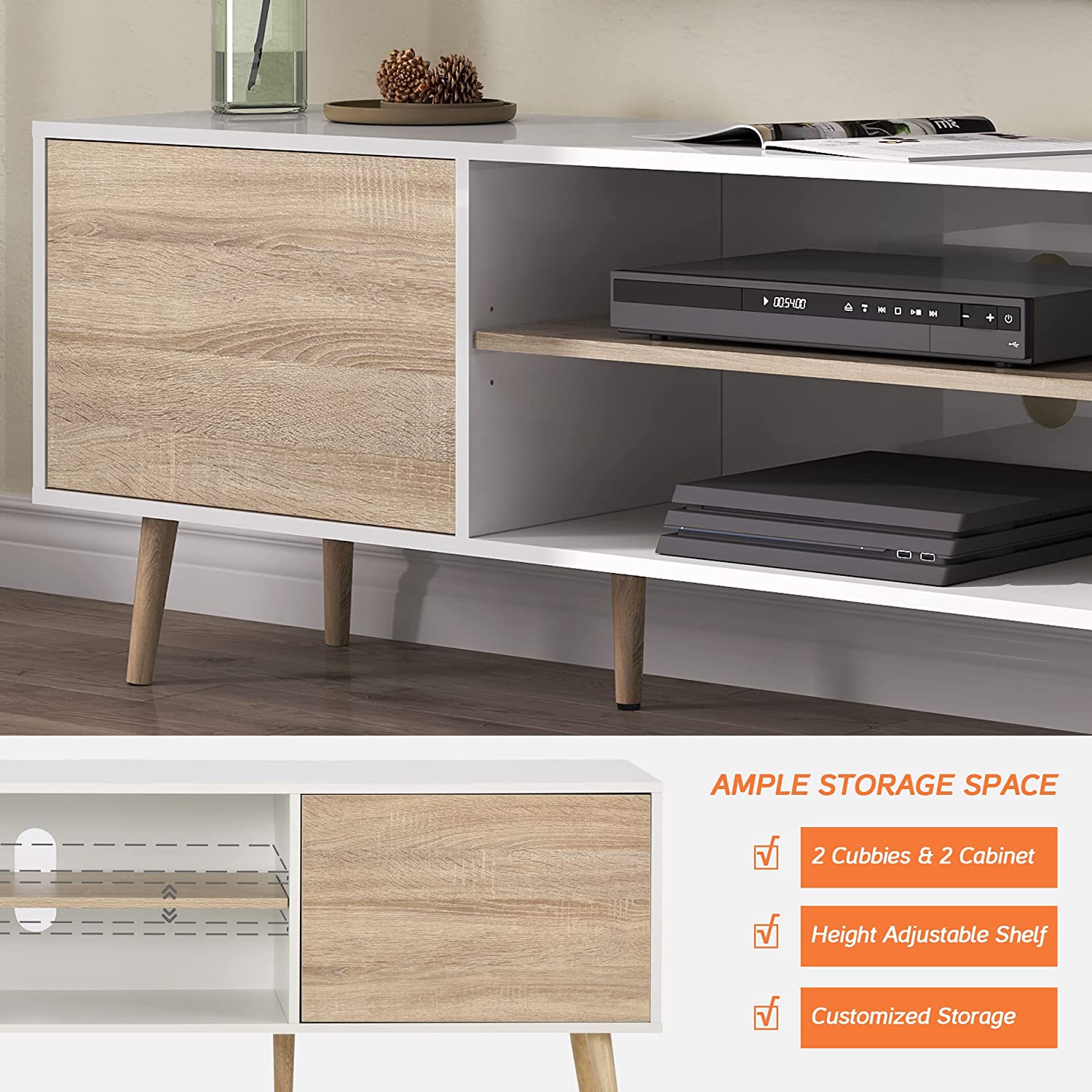 WAMPAT Mid Century Modern Wood TV Stand for 32-75 Inch TV, Home Entertainment Center TV Cabinet Unit, White & Oak
