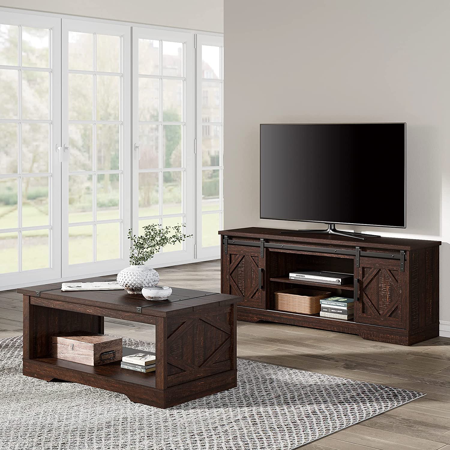 WAMPAT Farmhouse Sliding Barn Door TV Stand for 32-65 Inch TV & Coffee Table Set for Living Room, Rustic Brown