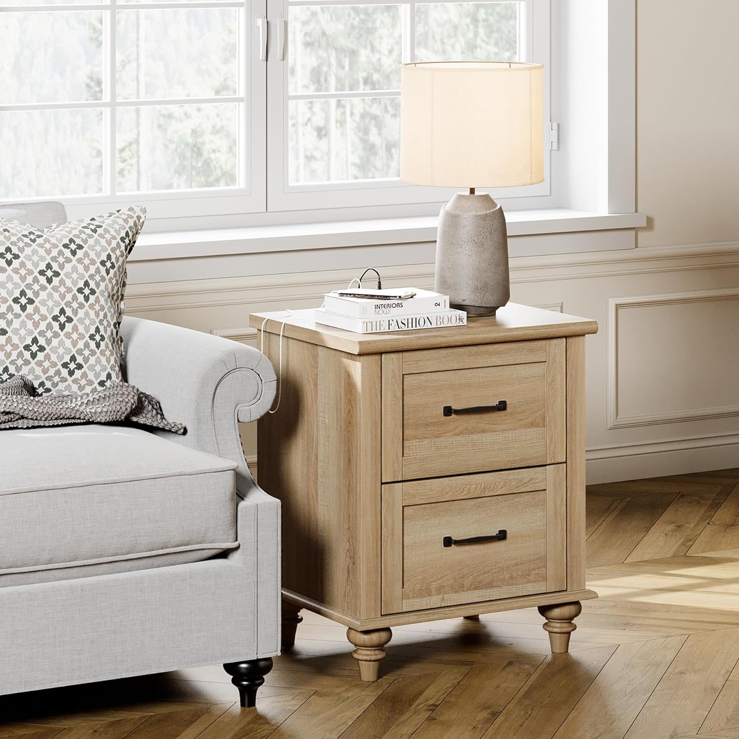 WAMPAT 19.6" White End Table with Charging Station, Farmhouse Nightstand with Storage, 2 Power outlets & 2 USB Ports for Living Room