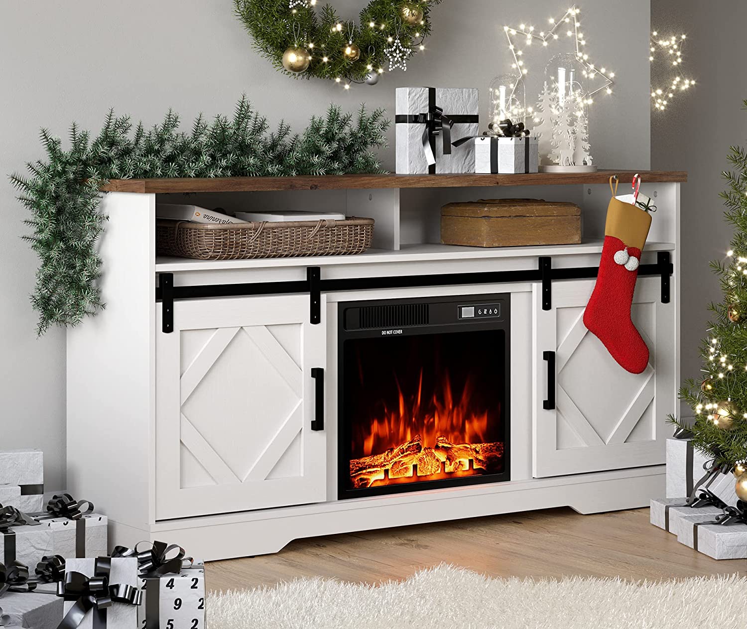 WAMPAT 60" Electric Fireplace TV Stand for TVs Up to 65 Inch, Farmhouse Wood Entertainment Center with Electric Fireplace, White