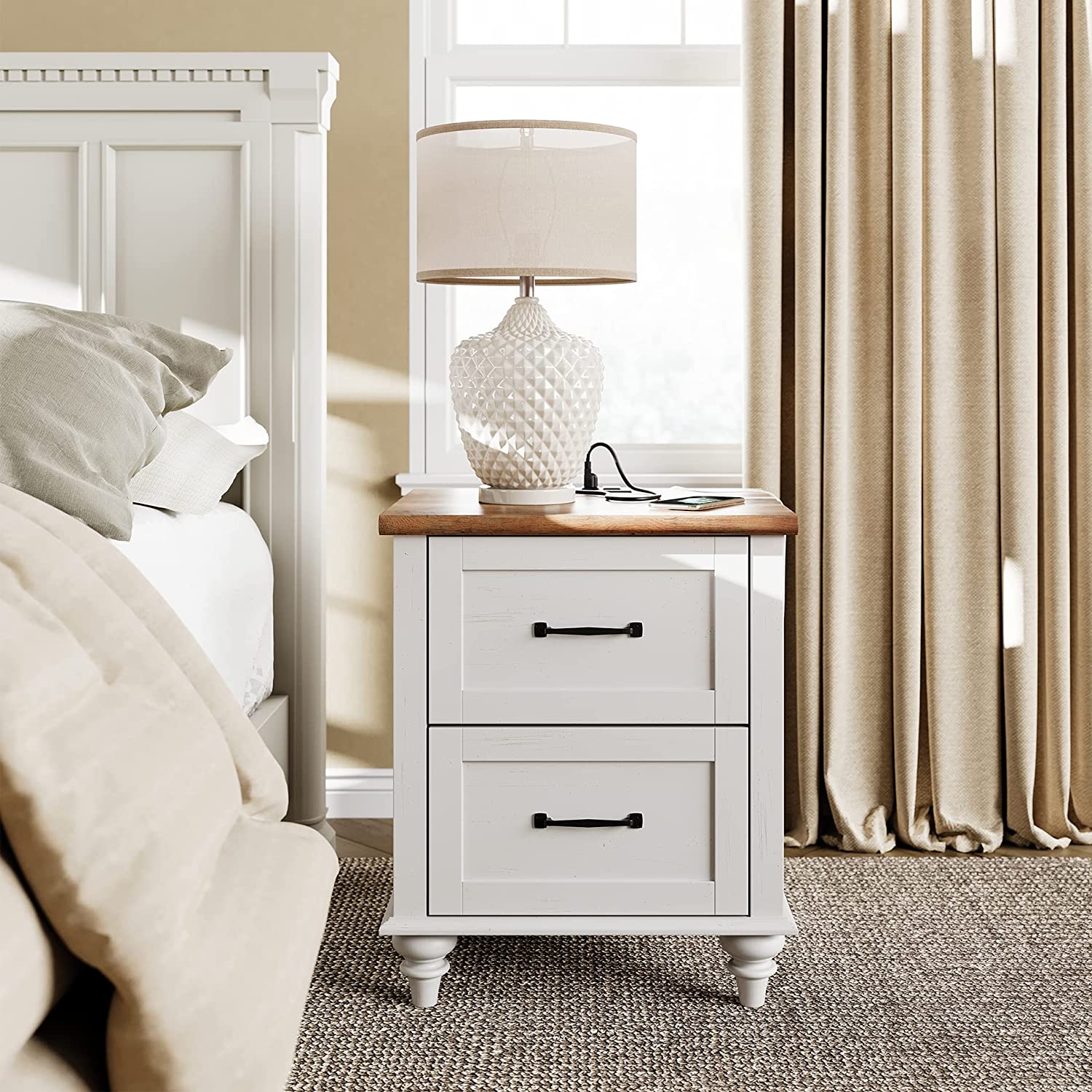 WAMPAT 19.6" White End Table with Charging Station, Farmhouse Nightstand with Storage, 2 Power outlets & 2 USB Ports for Living Room