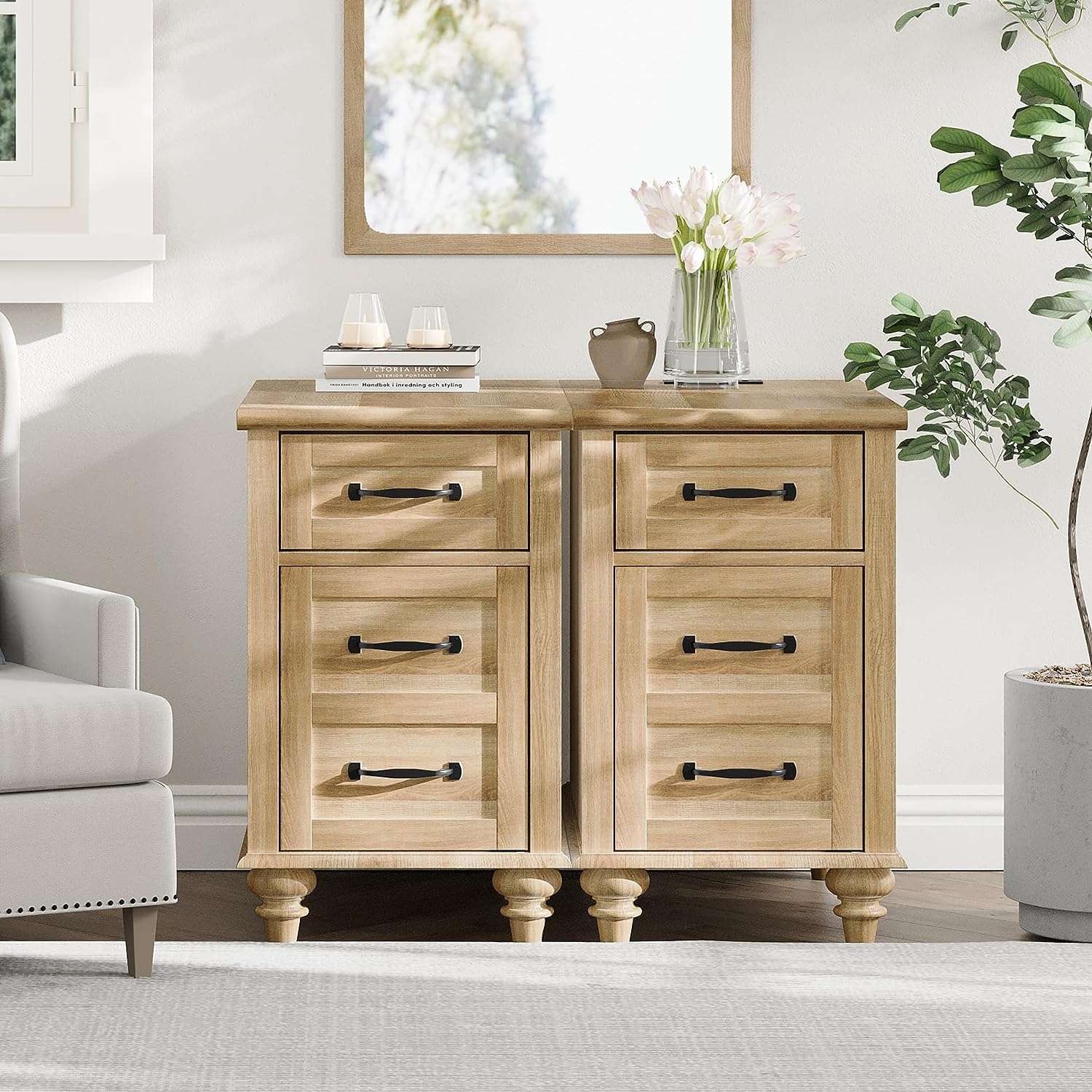 WAMPAT 24" White End Table with Charging Station, Farmhouse Side Table with Storage, 2 Power outlets & 2 USB Ports for Living Room
