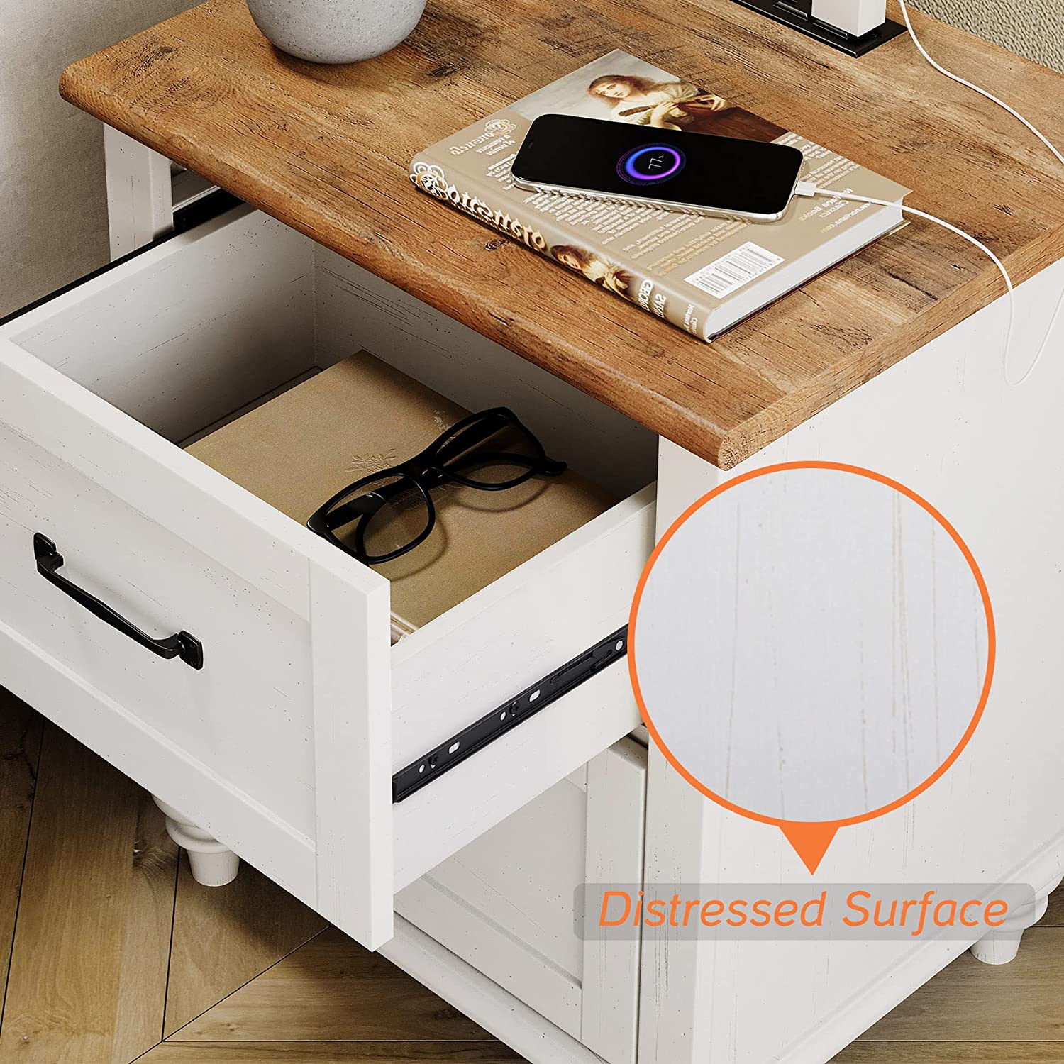 WAMPAT 19.6" White End Table with Charging Station, Farmhouse Nightstand with Storage, 2 Power outlets & 2 USB Ports for Living Room
