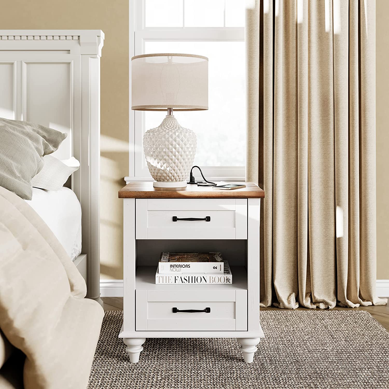 WAMPAT 24" Tall White End Table with Charging Station & 2 USB Ports, Farmhouse Night Stand for Living Room Bedroom
