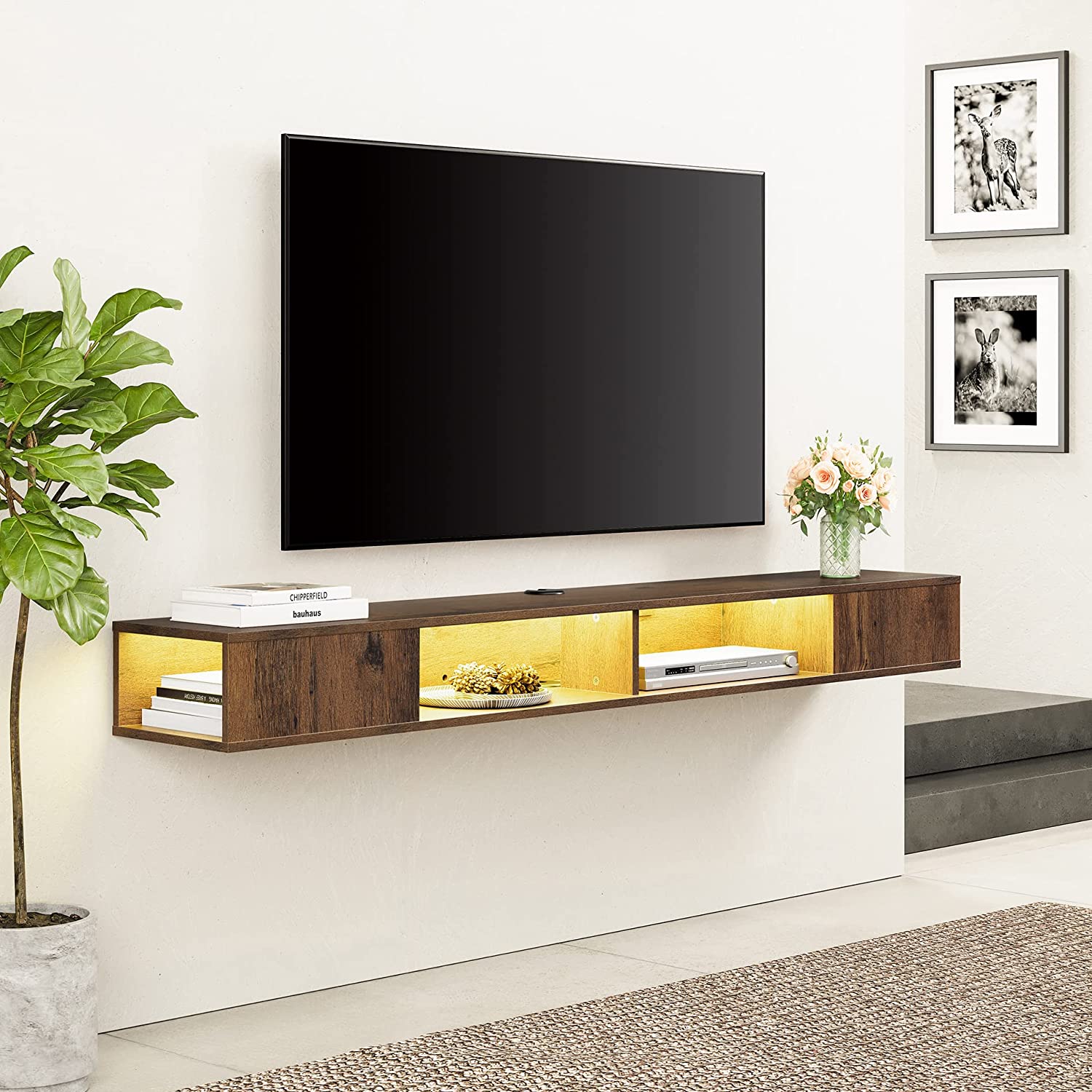 WAMPAT Floating 70" TV Stand with LED Lights for 65/70/75 inch TVs, Wall Mounted Shelf Under TV Cabinet