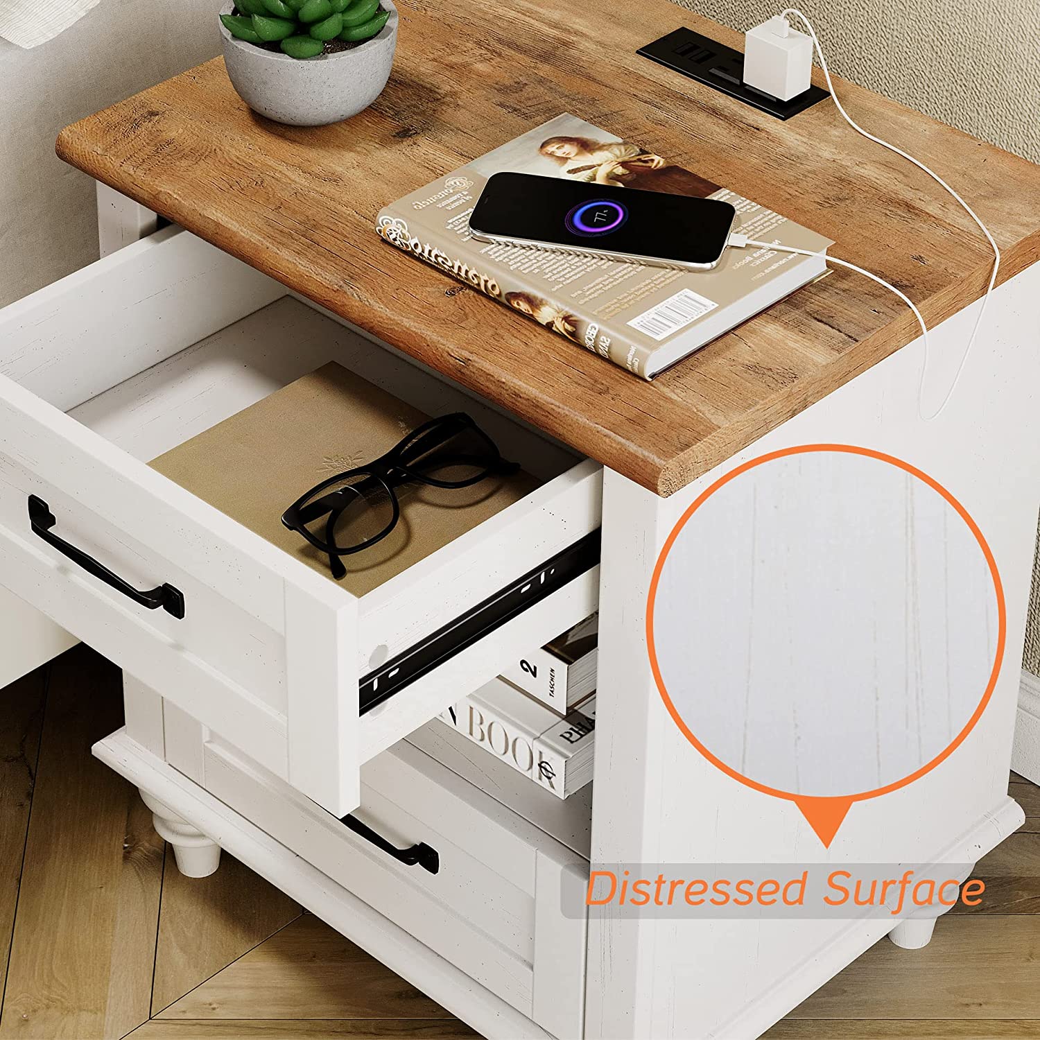WAMPAT 24" Tall White End Table with Charging Station & 2 USB Ports, Farmhouse Night Stand for Living Room Bedroom