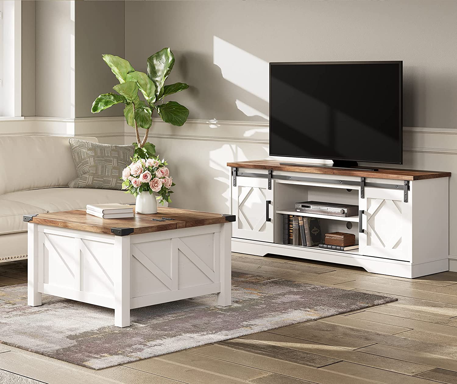 WAMPAT Farmhouse Sliding Barn Door TV Stand for 32-65 Inch TV & Coffee Table Set for Living Room, White