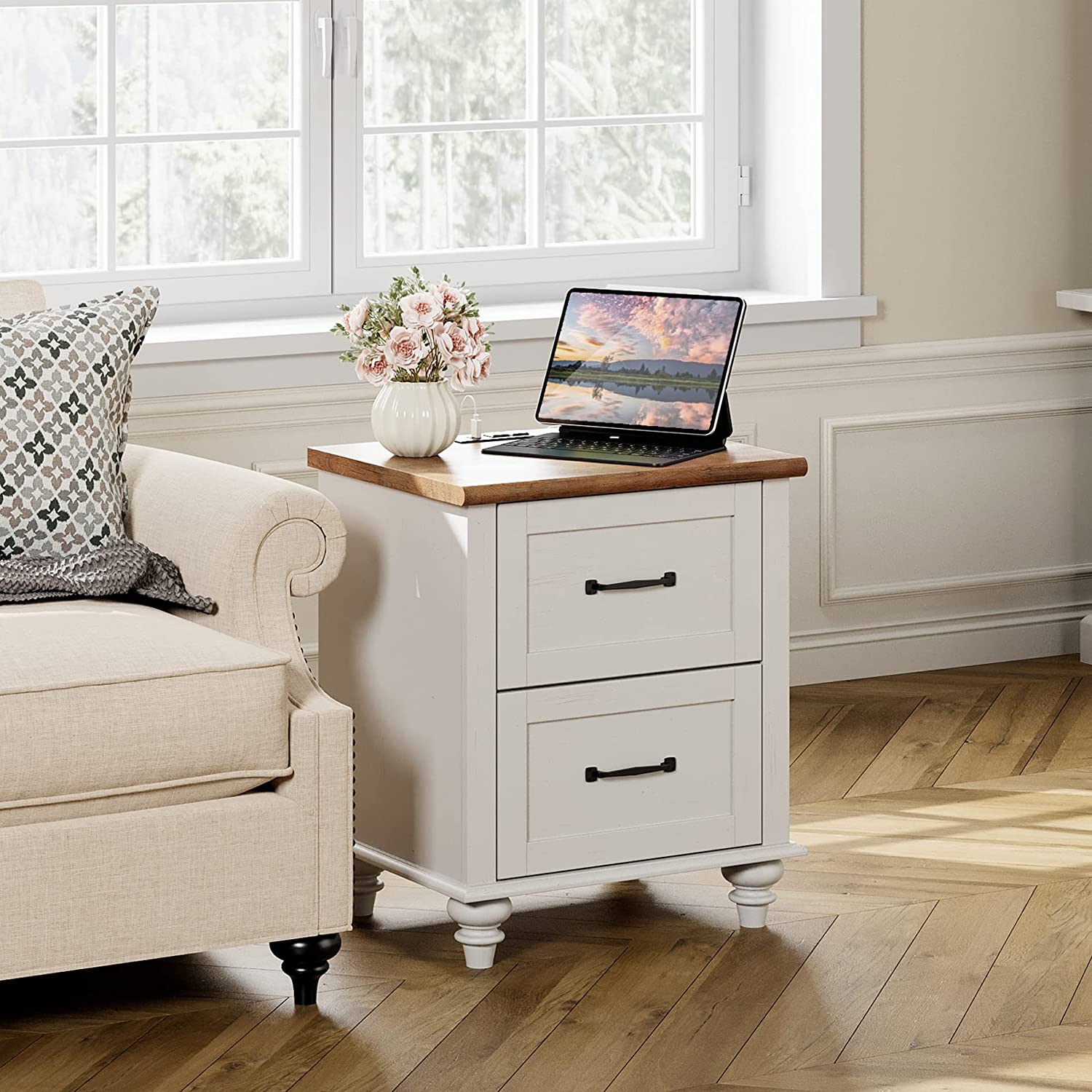 WAMPAT 19.6" White End Table with Charging Station, Farmhouse Nightstand with Storage, 2 Power outlets & 2 USB Ports for Living Room