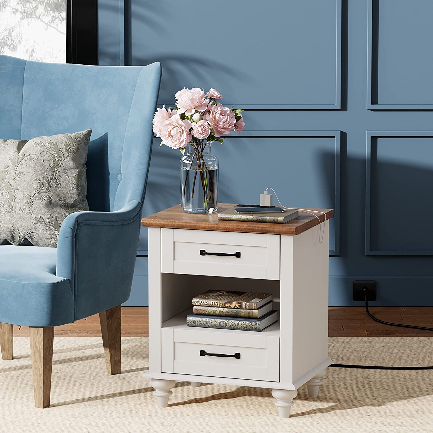 WAMPAT 24" Tall White End Table with Charging Station & 2 USB Ports, Farmhouse Night Stand for Living Room Bedroom