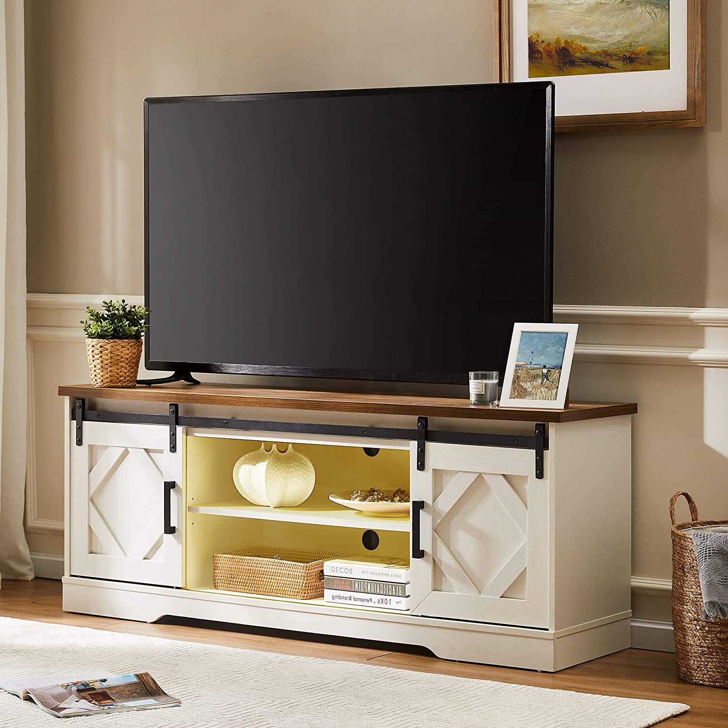 WAMPAT 60" Farmhouse Solid Wood TV Stand for 32-65 Inch TV, Sliding Barn Door Entertainment Center with Yellow LED, White