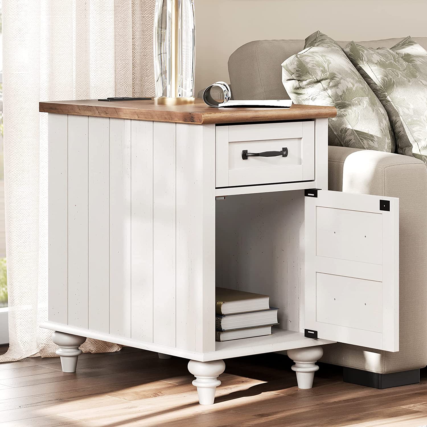 WAMPAT 24" White End Table with Charging Station, Farmhouse Side Table with Storage, 2 Power outlets & 2 USB Ports for Living Room