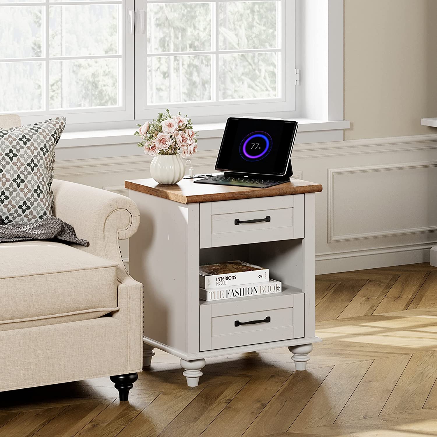 WAMPAT 24" Tall White End Table with Charging Station & 2 USB Ports, Farmhouse Night Stand for Living Room Bedroom