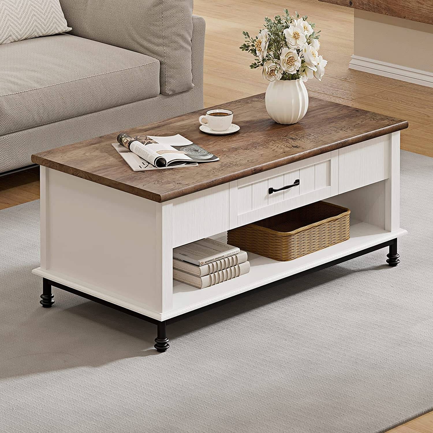 WAMPAT 42" Farmhouse Coffee Table with 1 Drawer & Open Storage Shelf for Living Room, White